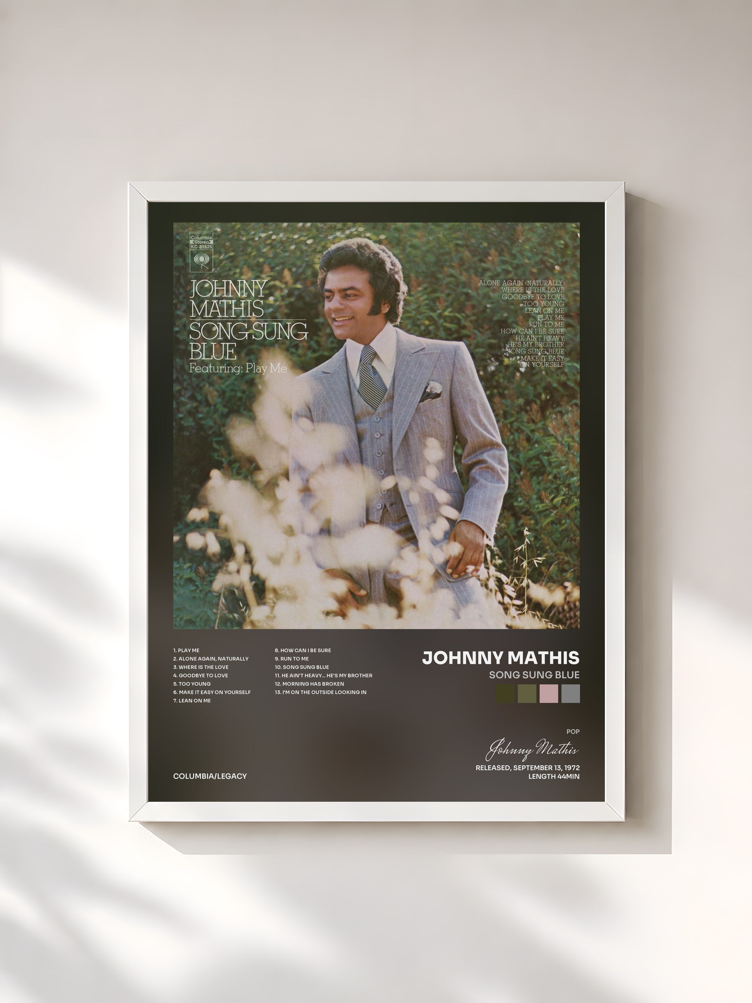 #blanc Tableau de l'album Song Sung Blue de Johnny Mathis, cadre blanc, imprimé et encadré en France