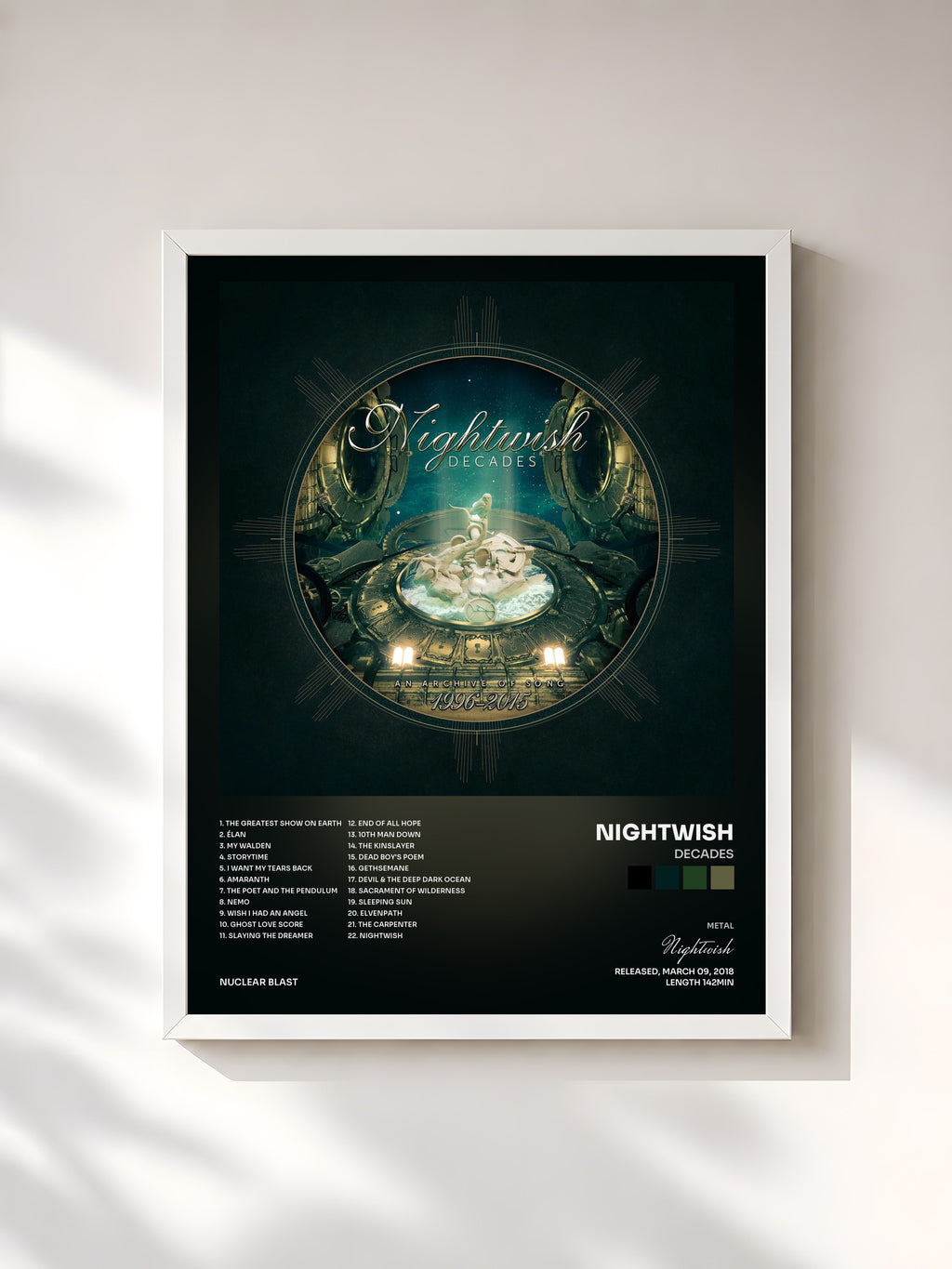 #blanc Tableau de l'album Decades de Nightwish, cadre blanc, imprimé et encadré en France