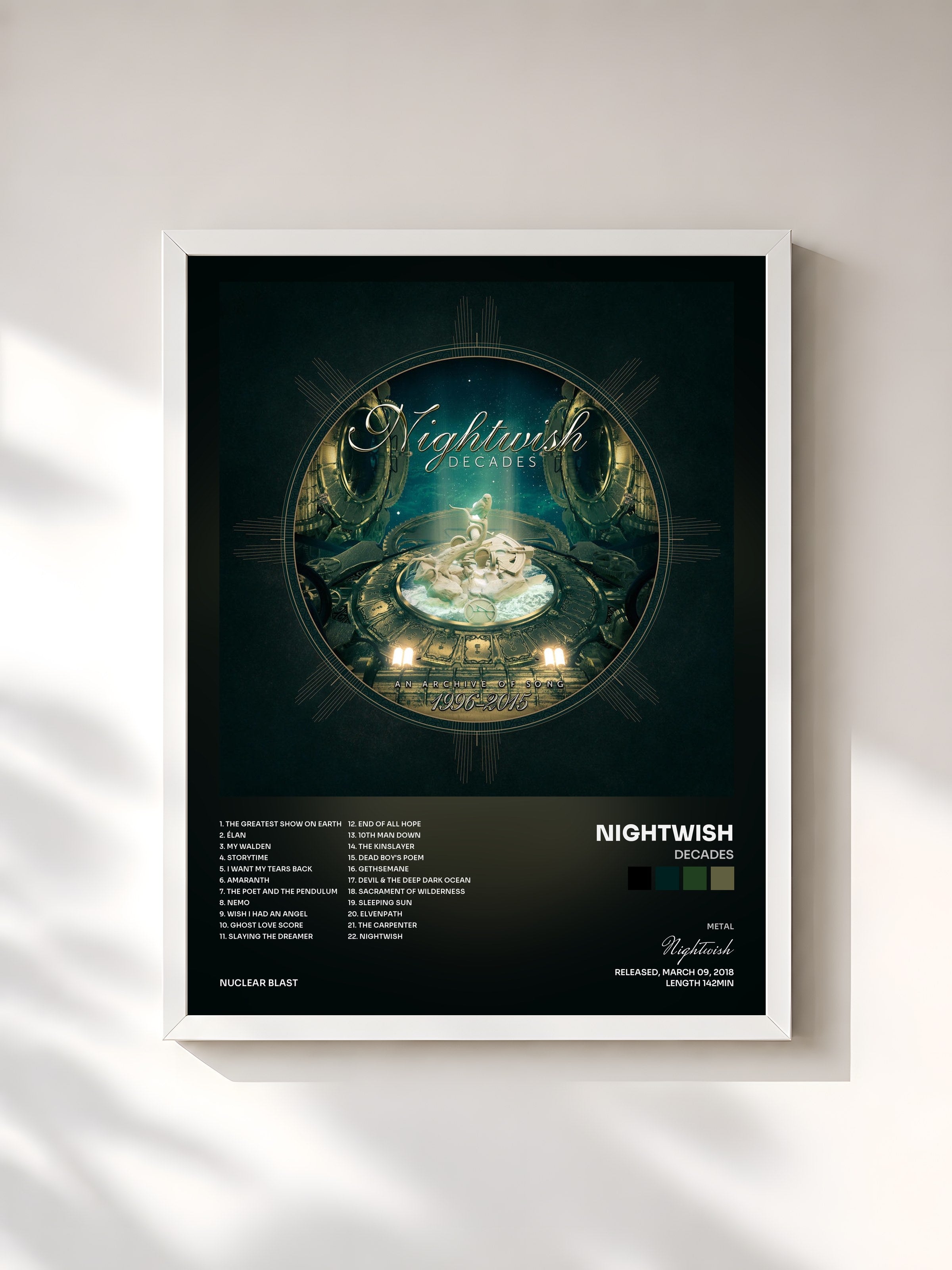 #blanc Tableau de l'album Decades de Nightwish, cadre blanc, imprimé et encadré en France