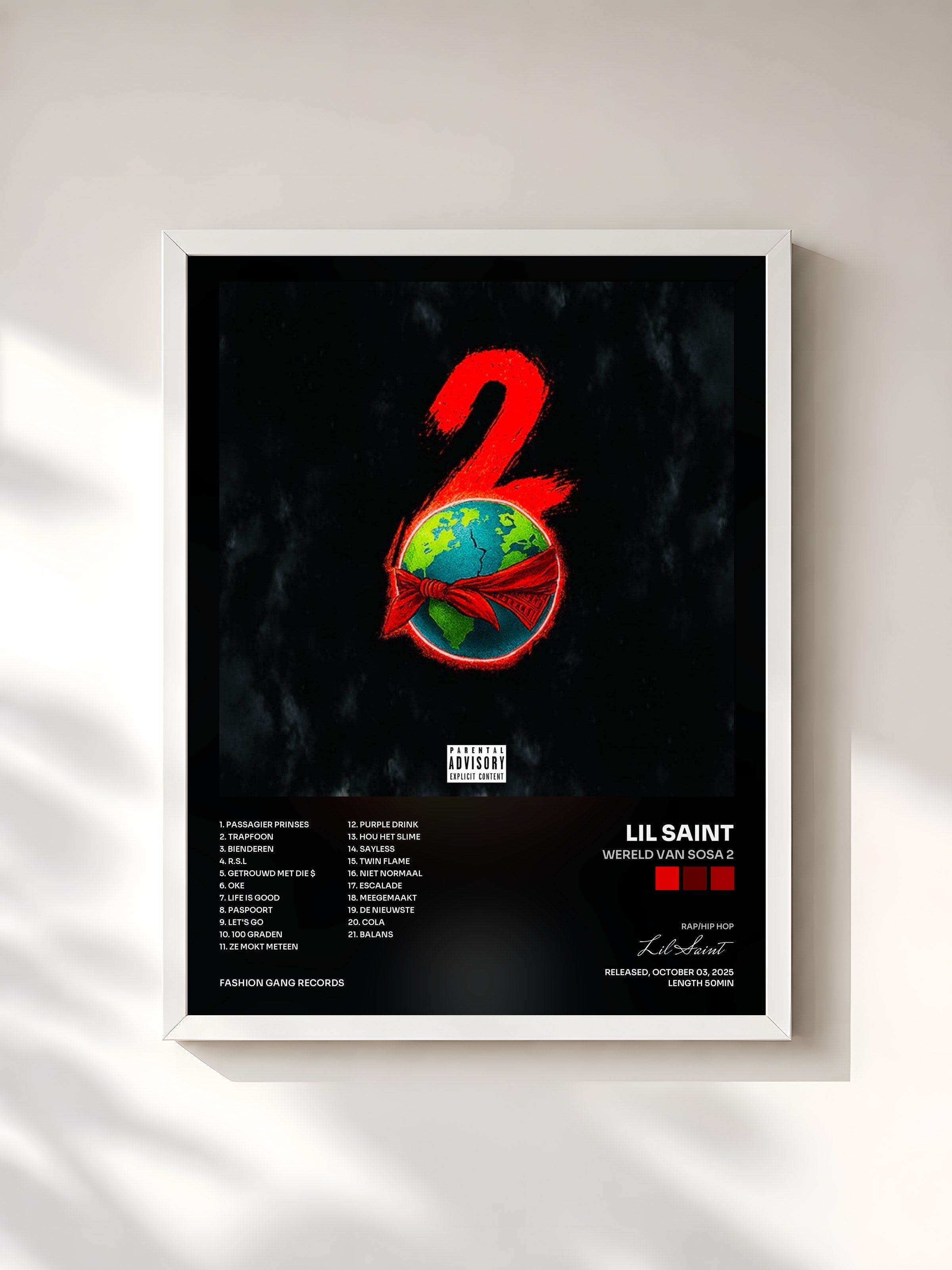 #blanc Tableau de l'album Wereld Van Sosa 2 de Lil Saint, cadre blanc, imprimé et encadré en France