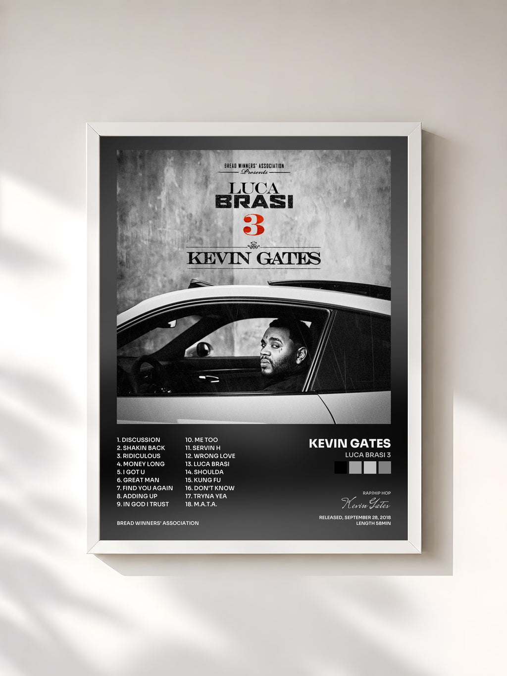 #blanc Tableau de l'album Luca Brasi 3 de Kevin Gates, cadre blanc, imprimé et encadré en France