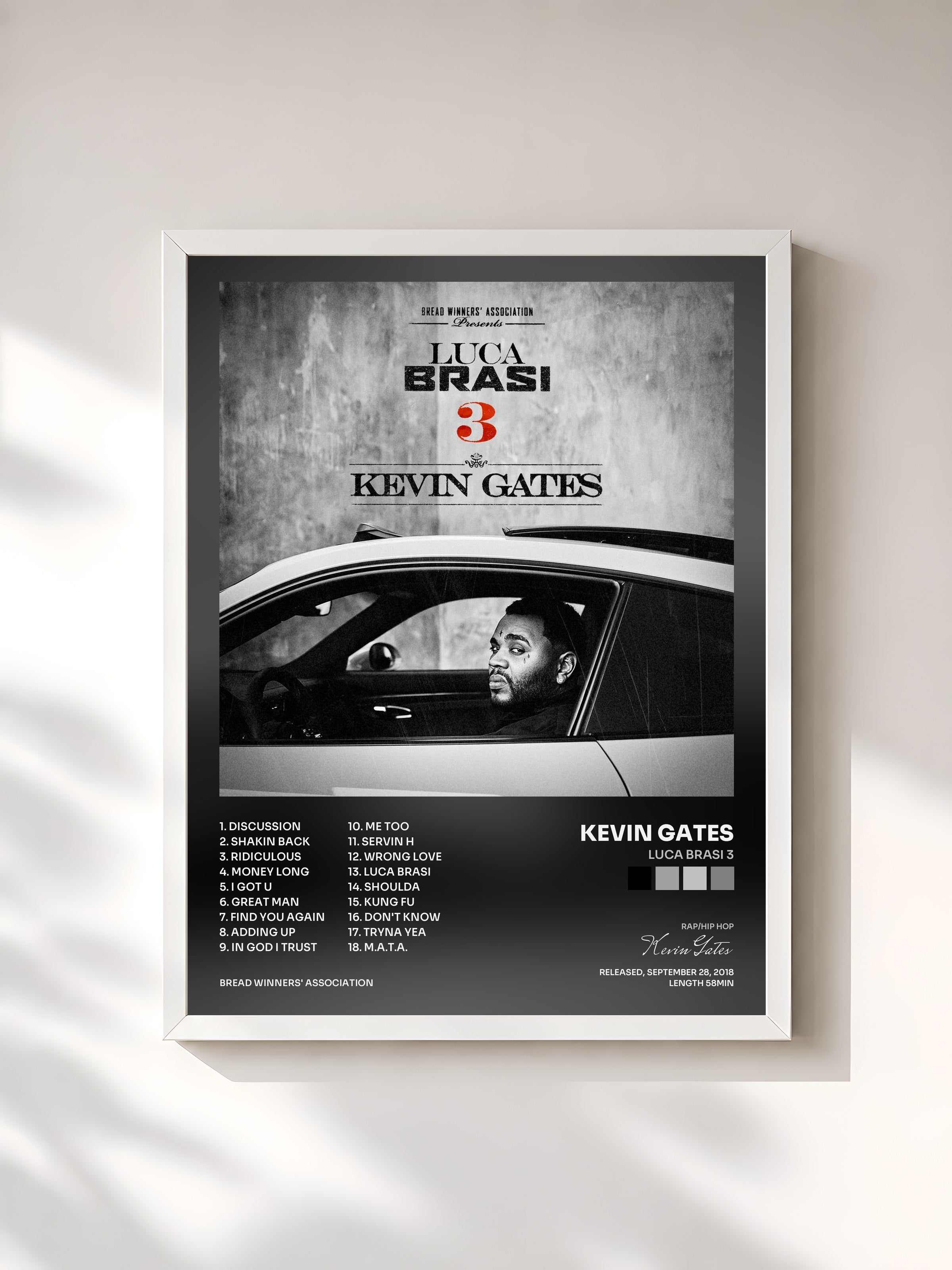 #blanc Tableau de l'album Luca Brasi 3 de Kevin Gates, cadre blanc, imprimé et encadré en France