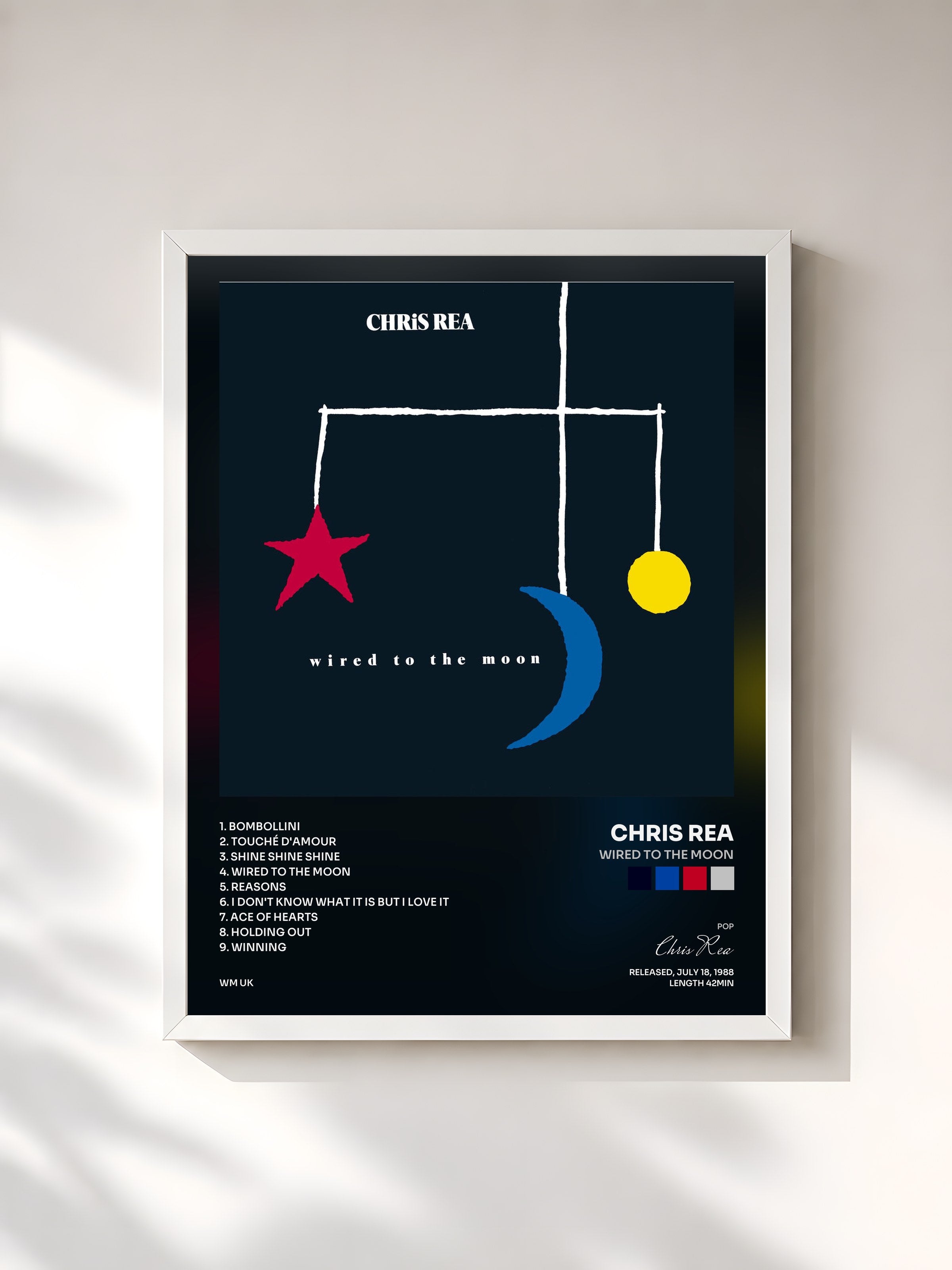 #blanc Tableau de l'album Wired to the Moon de Chris Rea, cadre blanc, imprimé et encadré en France