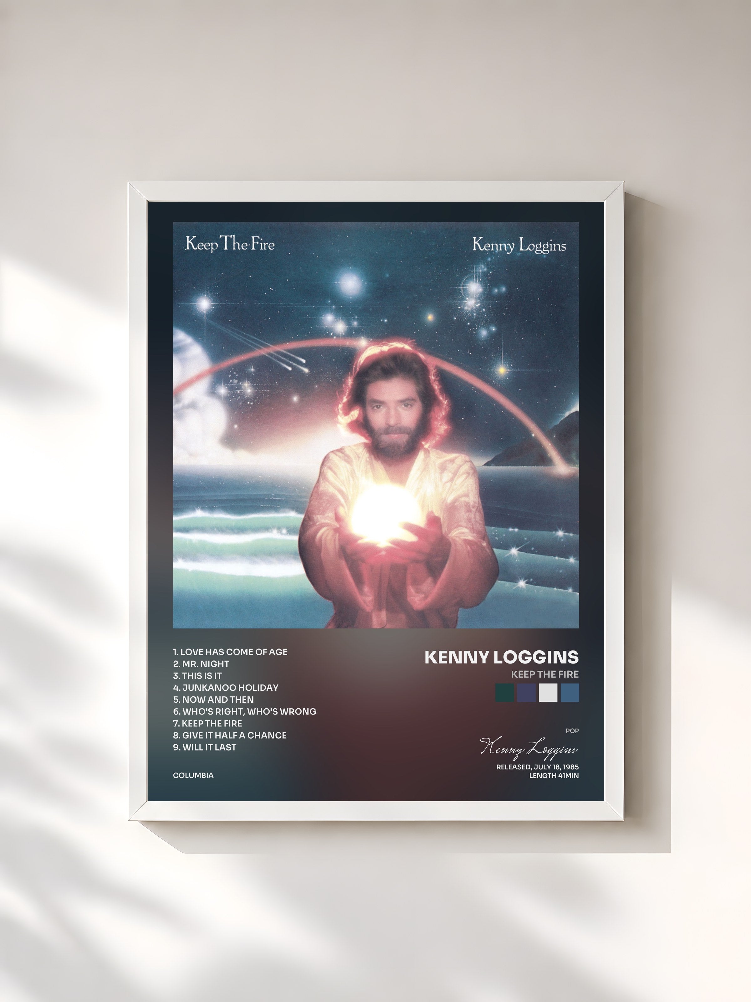 #blanc Tableau de l'album Keep The Fire de Kenny Loggins, cadre blanc, imprimé et encadré en France