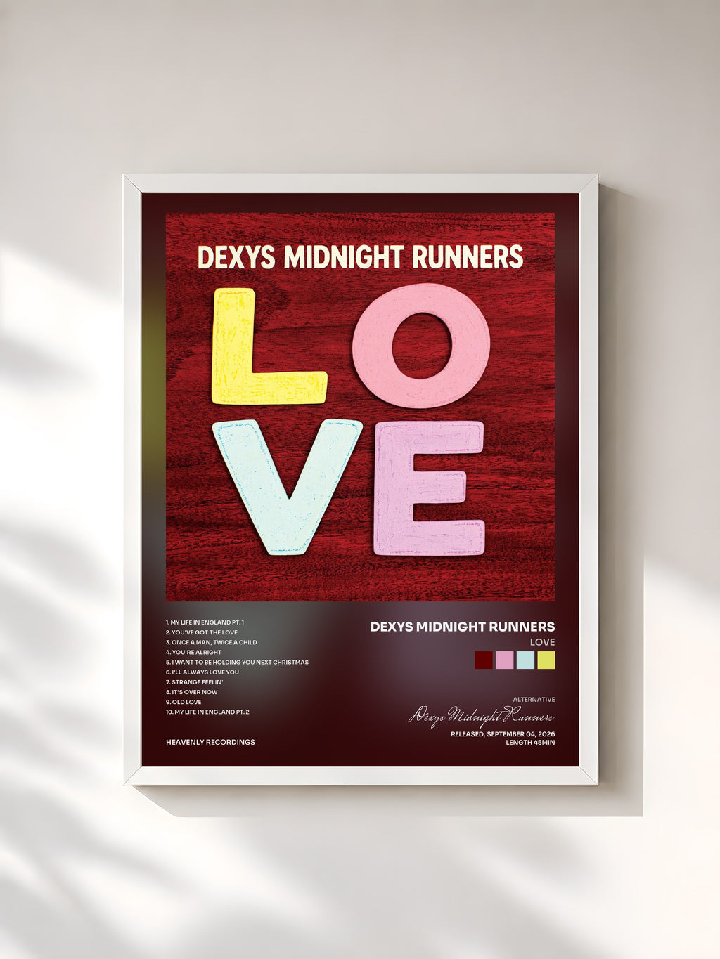 #blanc Tableau de l'album LOVE de Dexys Midnight Runners, cadre blanc, imprimé et encadré en France