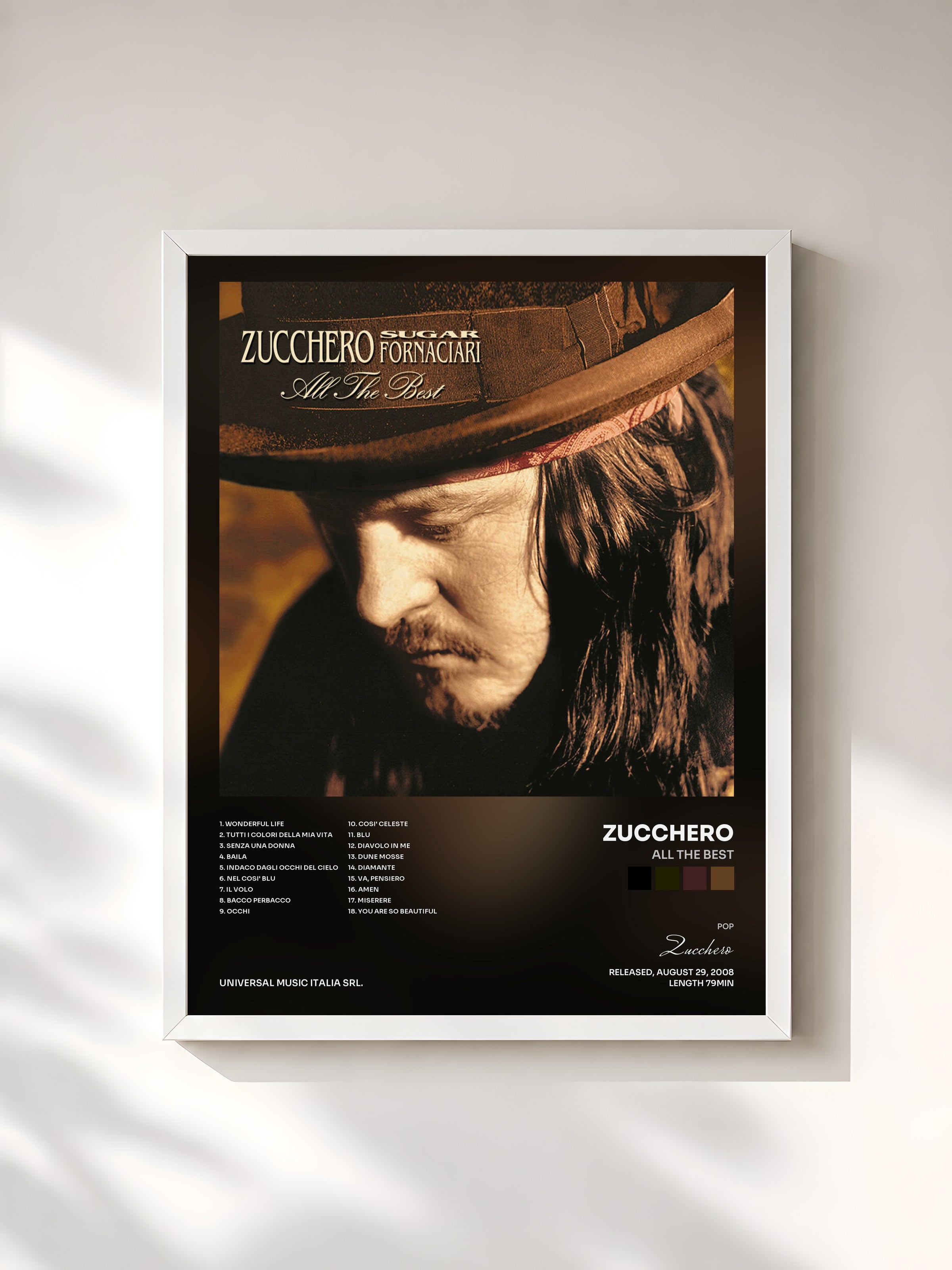 #blanc Tableau de l'album All The Best de Zucchero, cadre blanc, imprimé et encadré en France