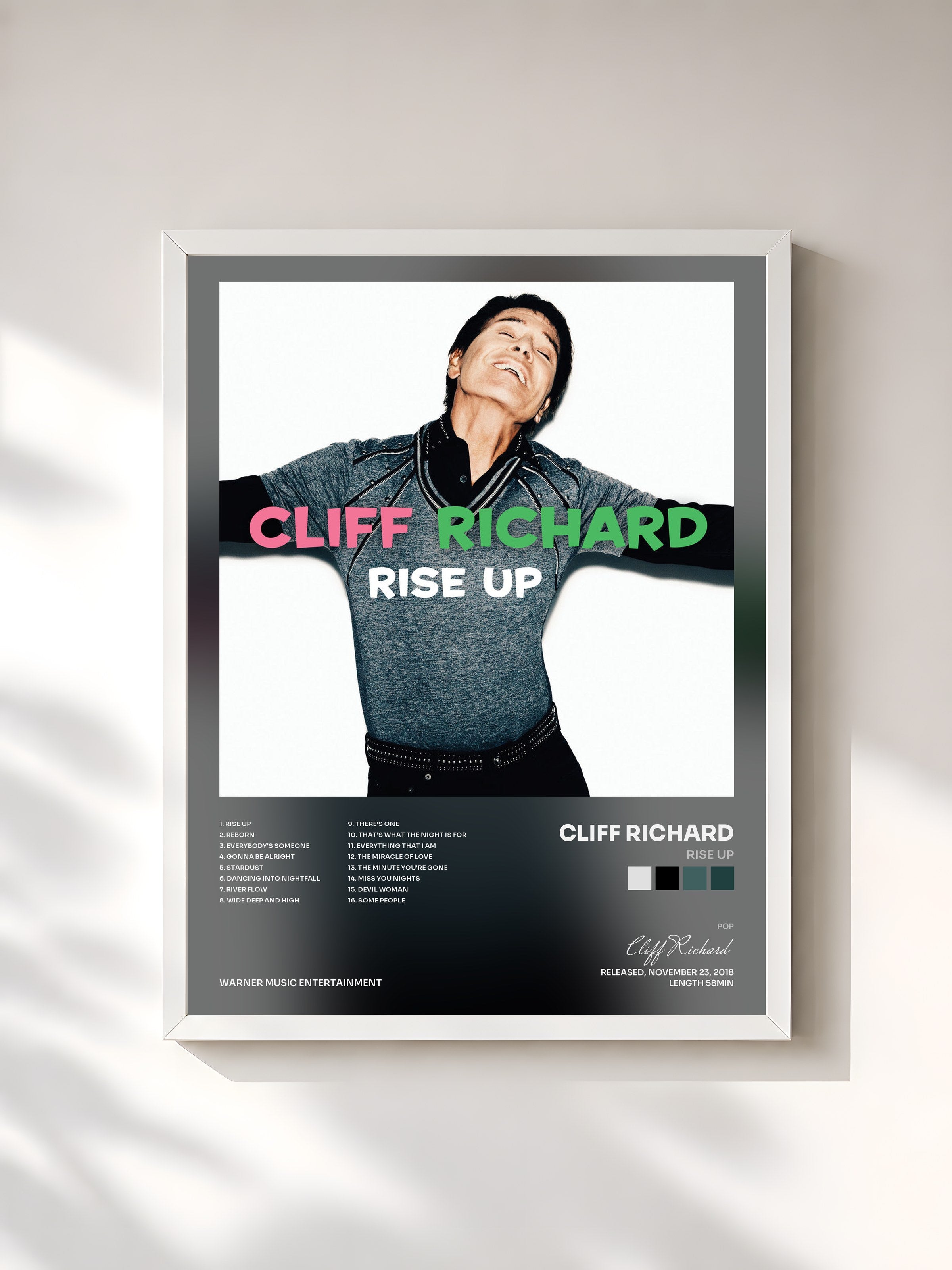 #blanc Tableau de l'album Rise Up de Cliff Richard, cadre blanc, imprimé et encadré en France