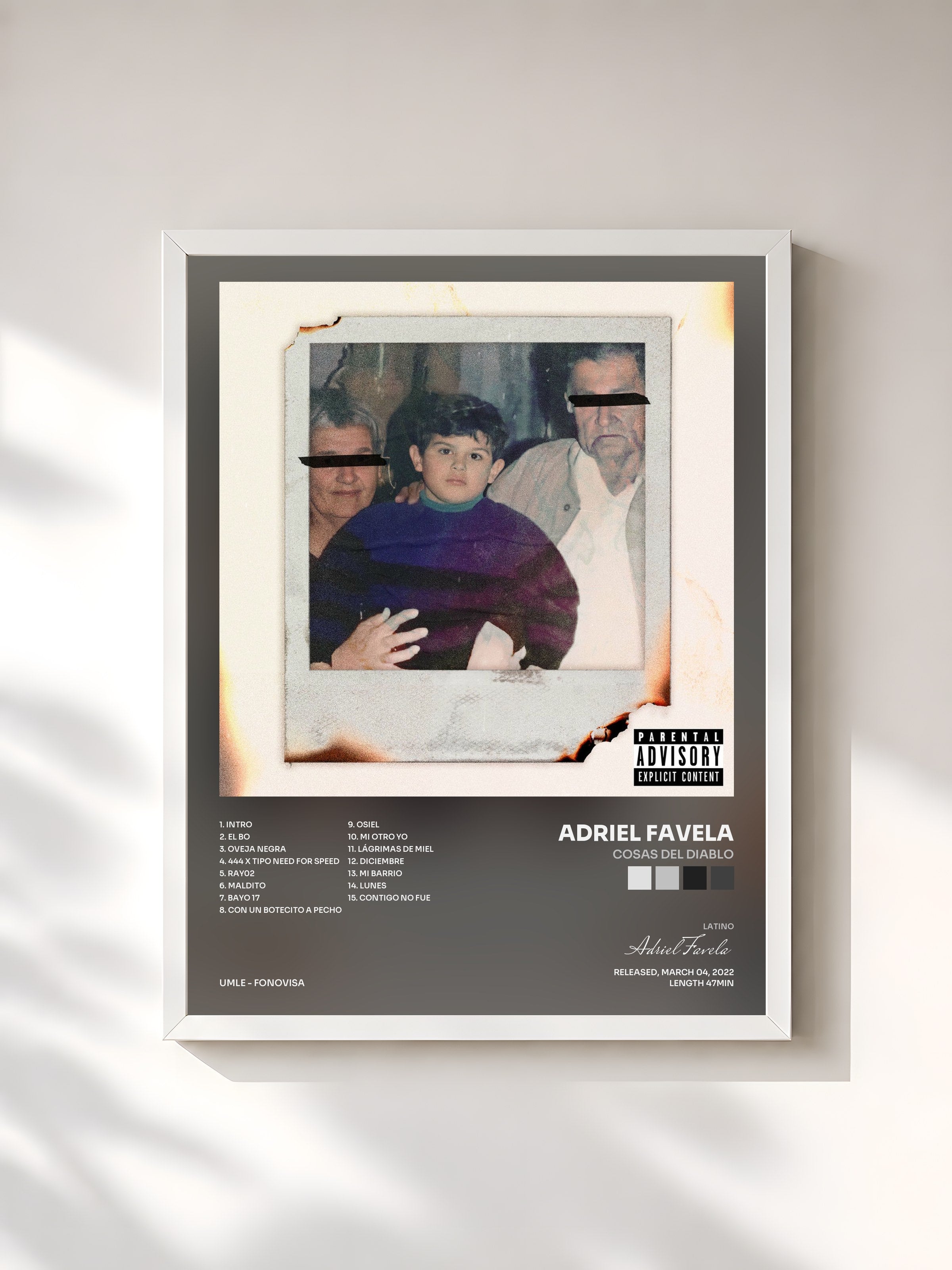#blanc Tableau de l'album Cosas Del Diablo de Adriel Favela, cadre blanc, imprimé et encadré en France