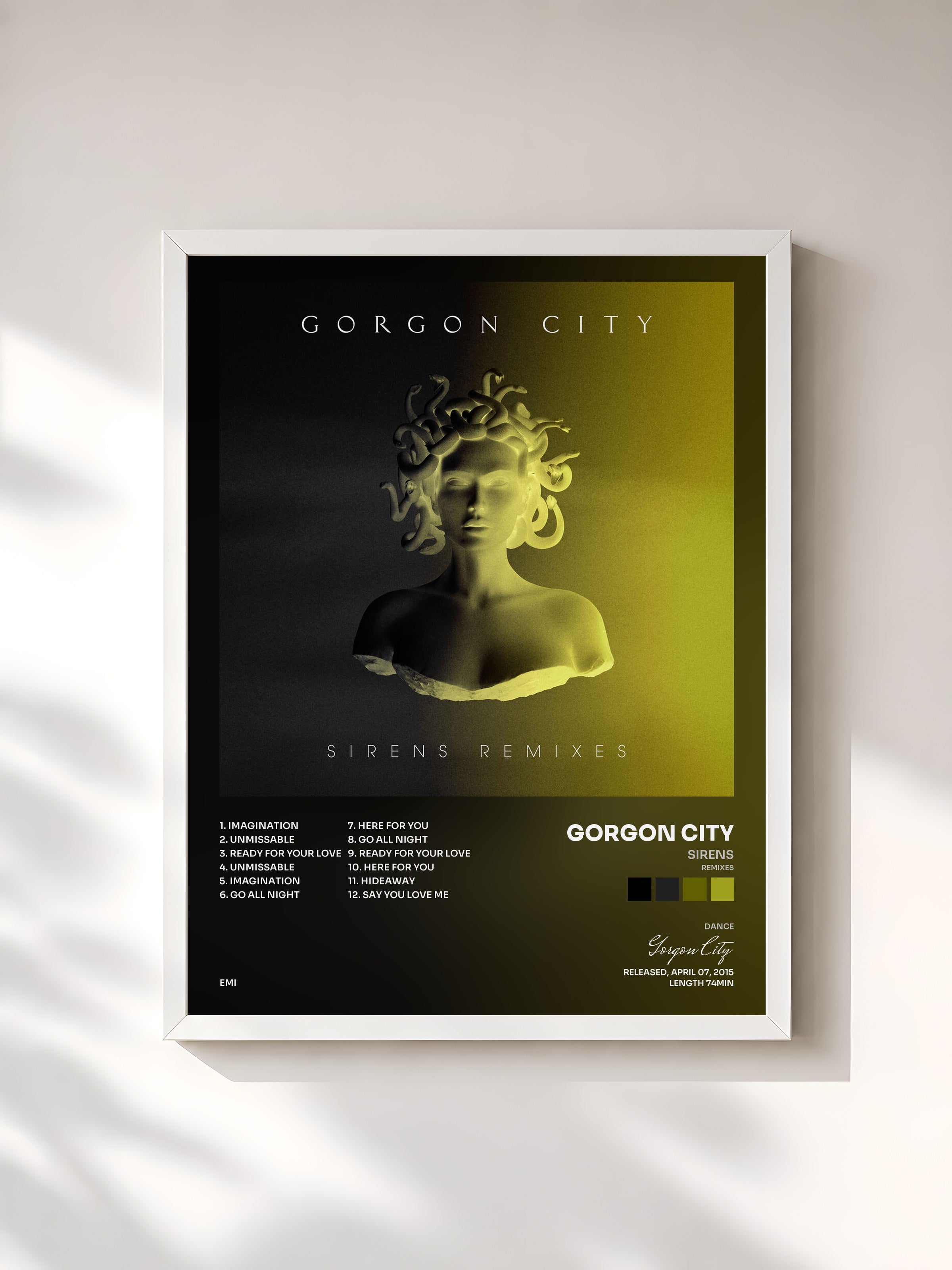 #blanc Tableau de l'album Sirens (Remixes) de Gorgon City, cadre blanc, imprimé et encadré en France
