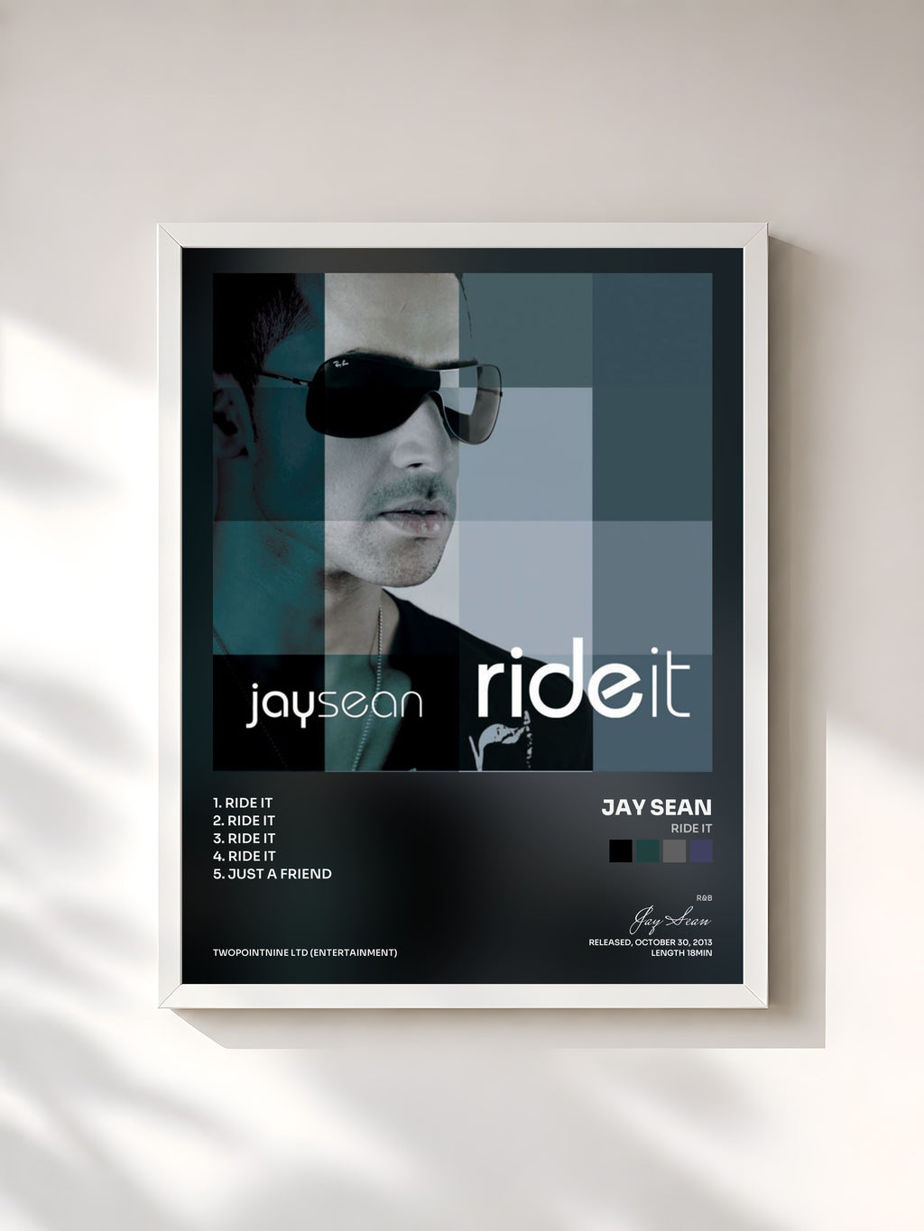#blanc Tableau de l'album Ride It de Jay Sean, cadre blanc, imprimé et encadré en France