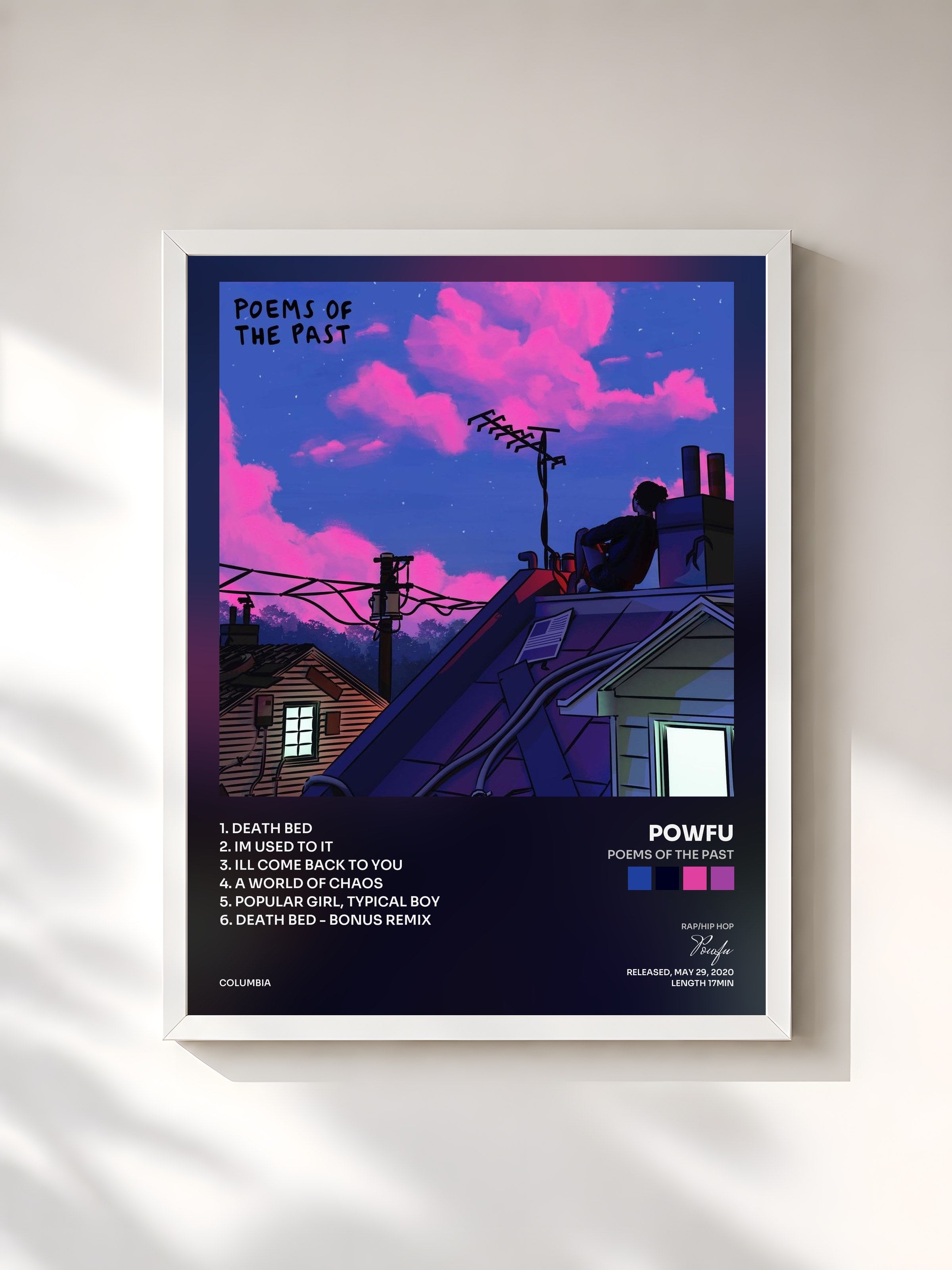 #blanc Tableau de l'album poems of the past de Powfu, cadre blanc, imprimé et encadré en France