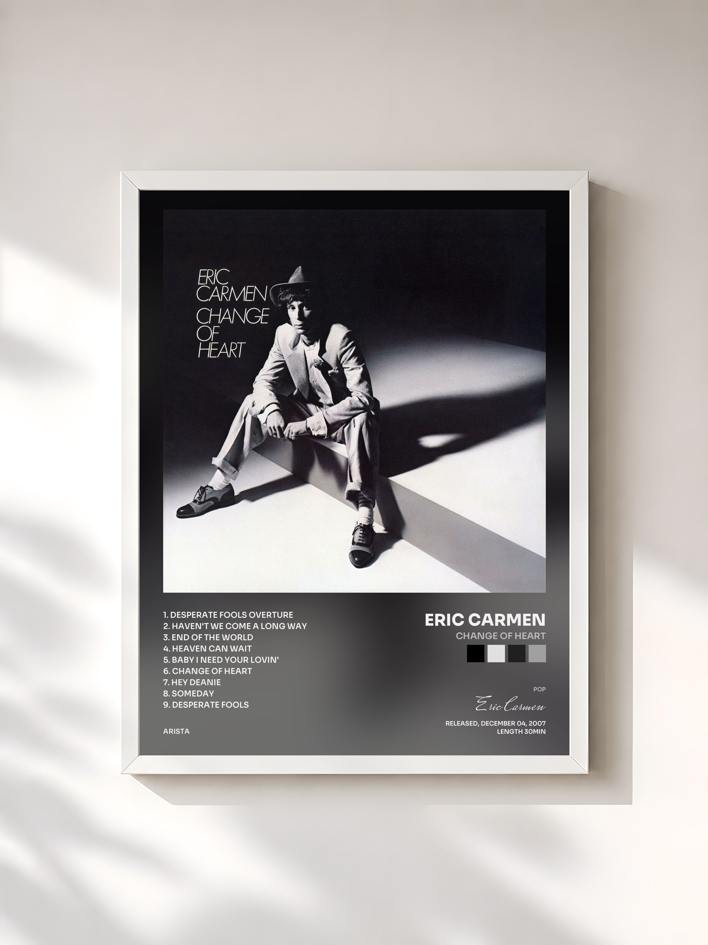 #blanc Tableau de l'album Change Of Heart de Eric Carmen, cadre blanc, imprimé et encadré en France