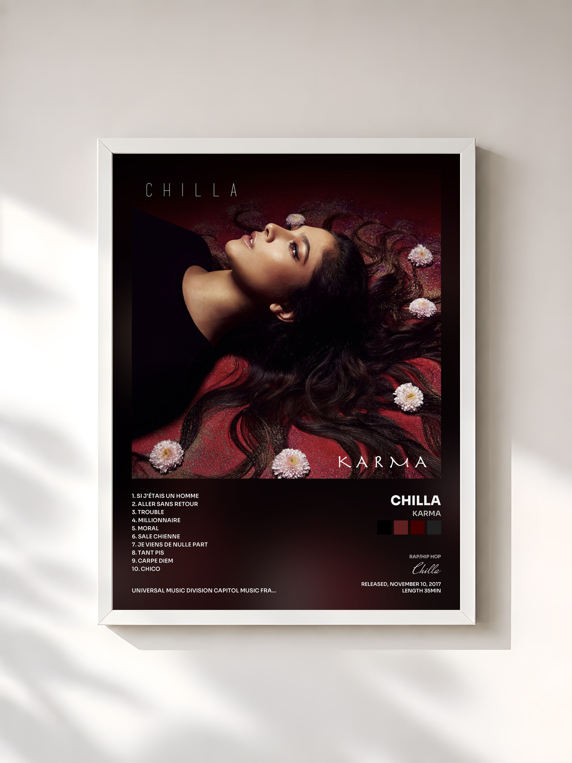 #blanc Tableau de l'album Karma de Chilla, cadre blanc, imprimé et encadré en France