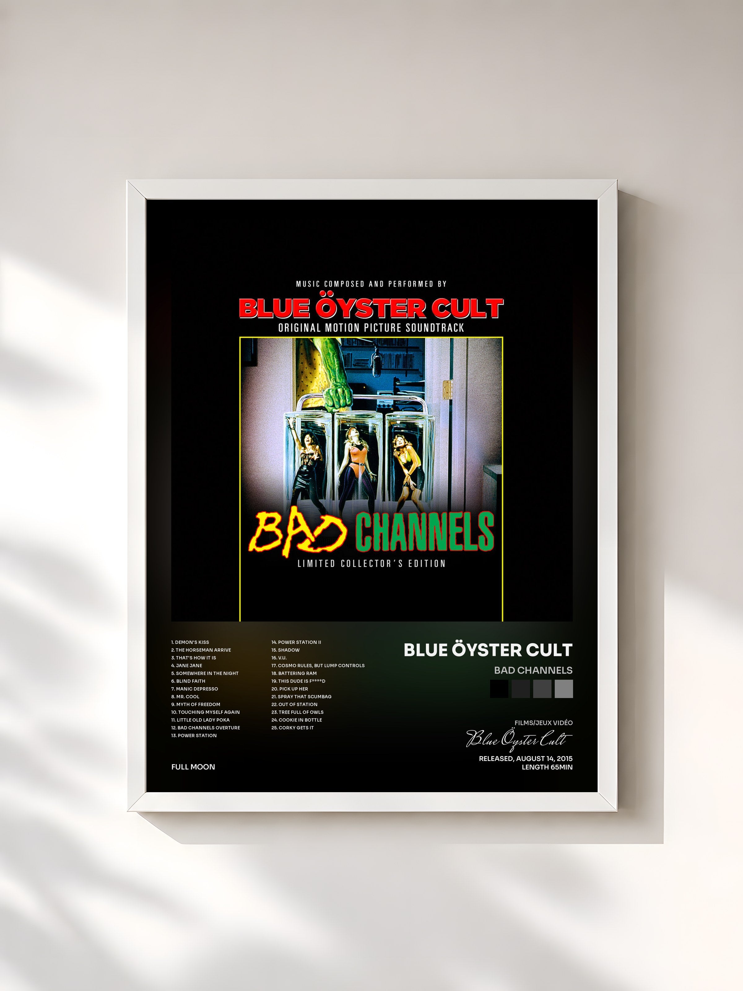 #blanc Tableau de l'album Bad Channels de Blue Öyster Cult, cadre blanc, imprimé et encadré en France