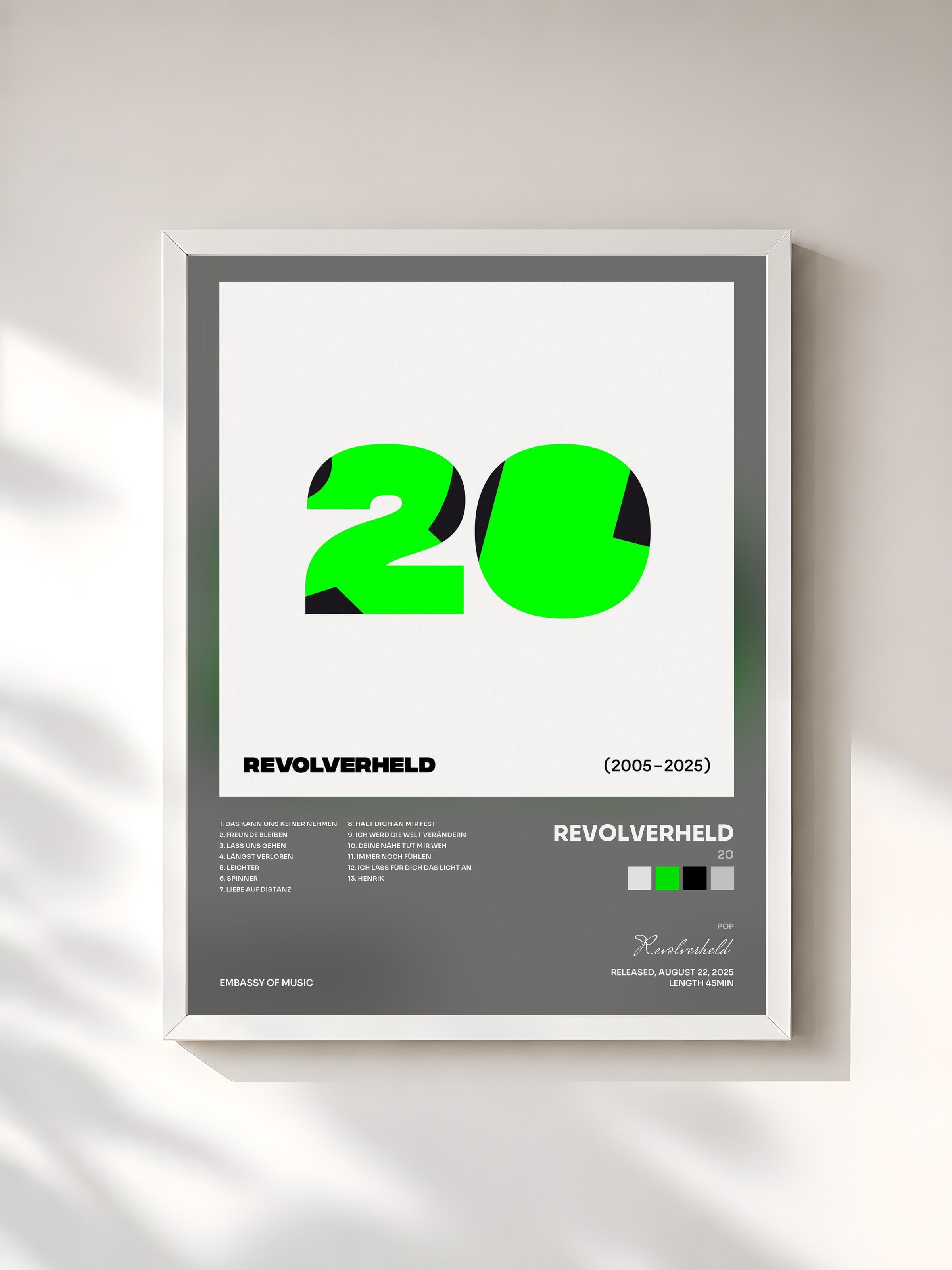 #blanc Tableau de l'album 20 de Revolverheld, cadre blanc, imprimé et encadré en France
