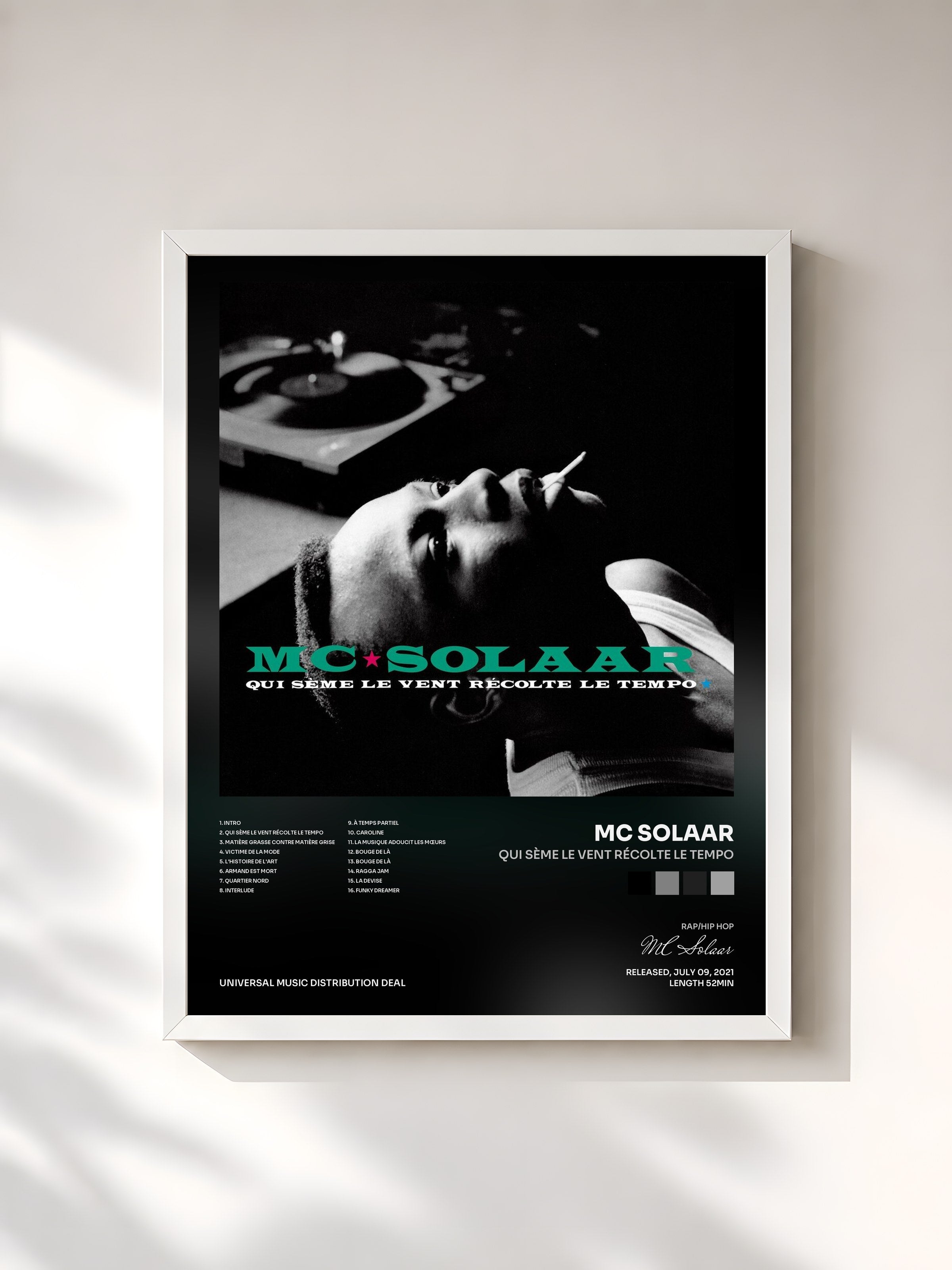 #blanc Tableau de l'album Qui sème le vent récolte le tempo de MC Solaar, cadre blanc, imprimé et encadré en France