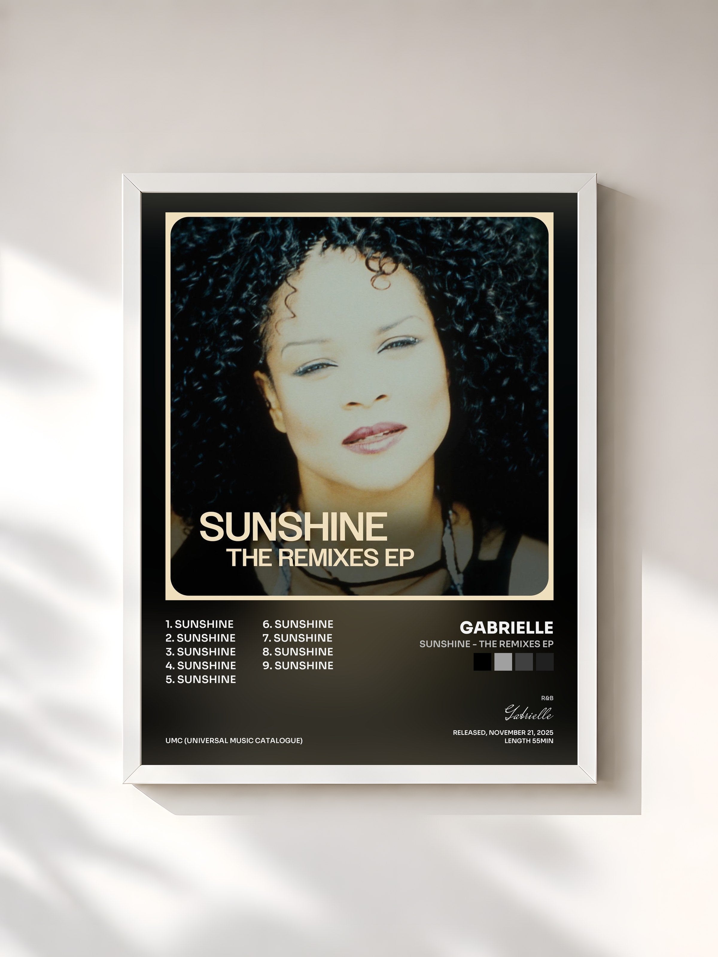 #blanc Tableau de l'album Sunshine - The Remixes EP de Gabrielle, cadre blanc, imprimé et encadré en France