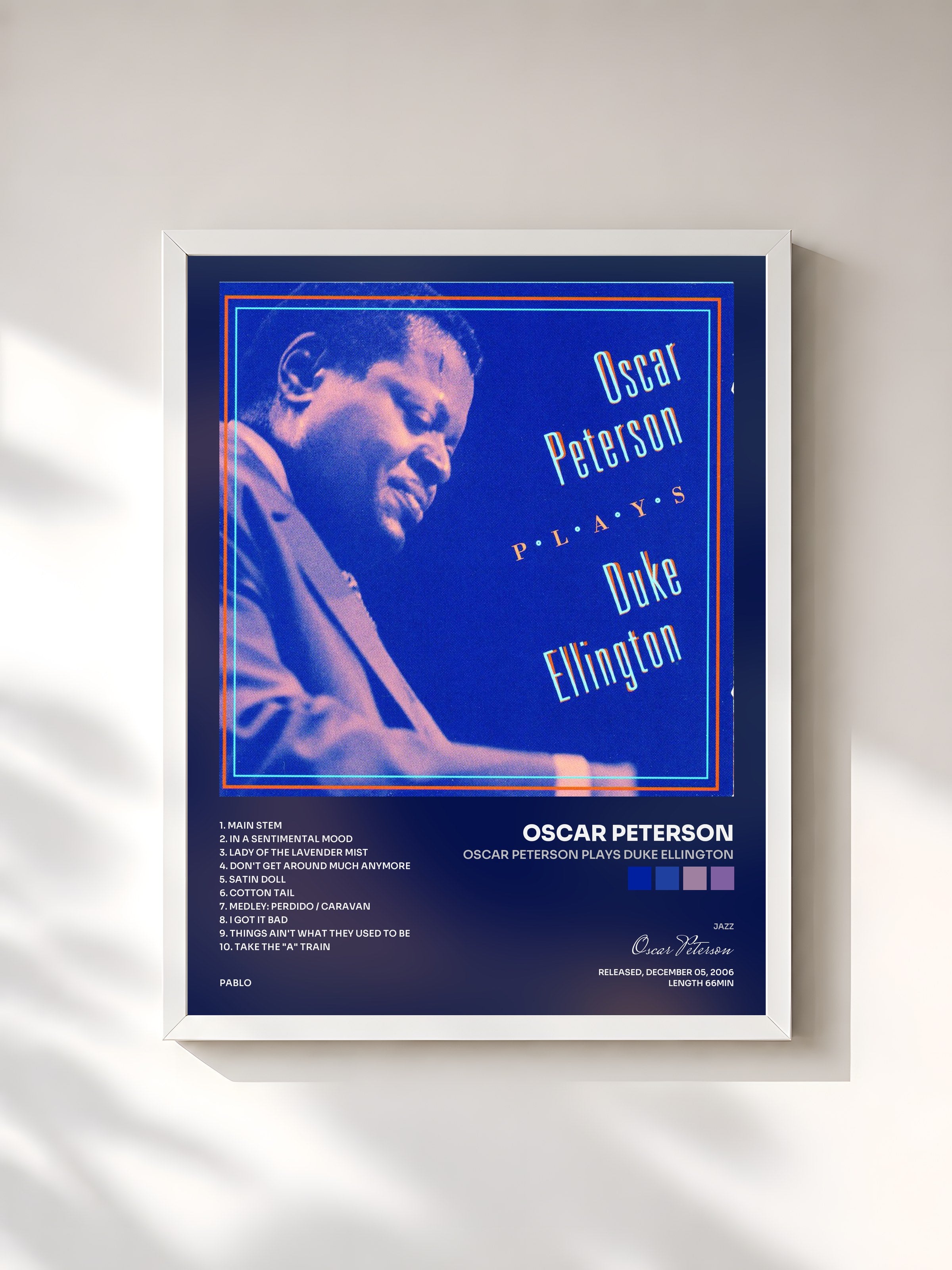 #blanc Tableau de l'album Oscar Peterson Plays Duke Ellington de Oscar Peterson, cadre blanc, imprimé et encadré en France