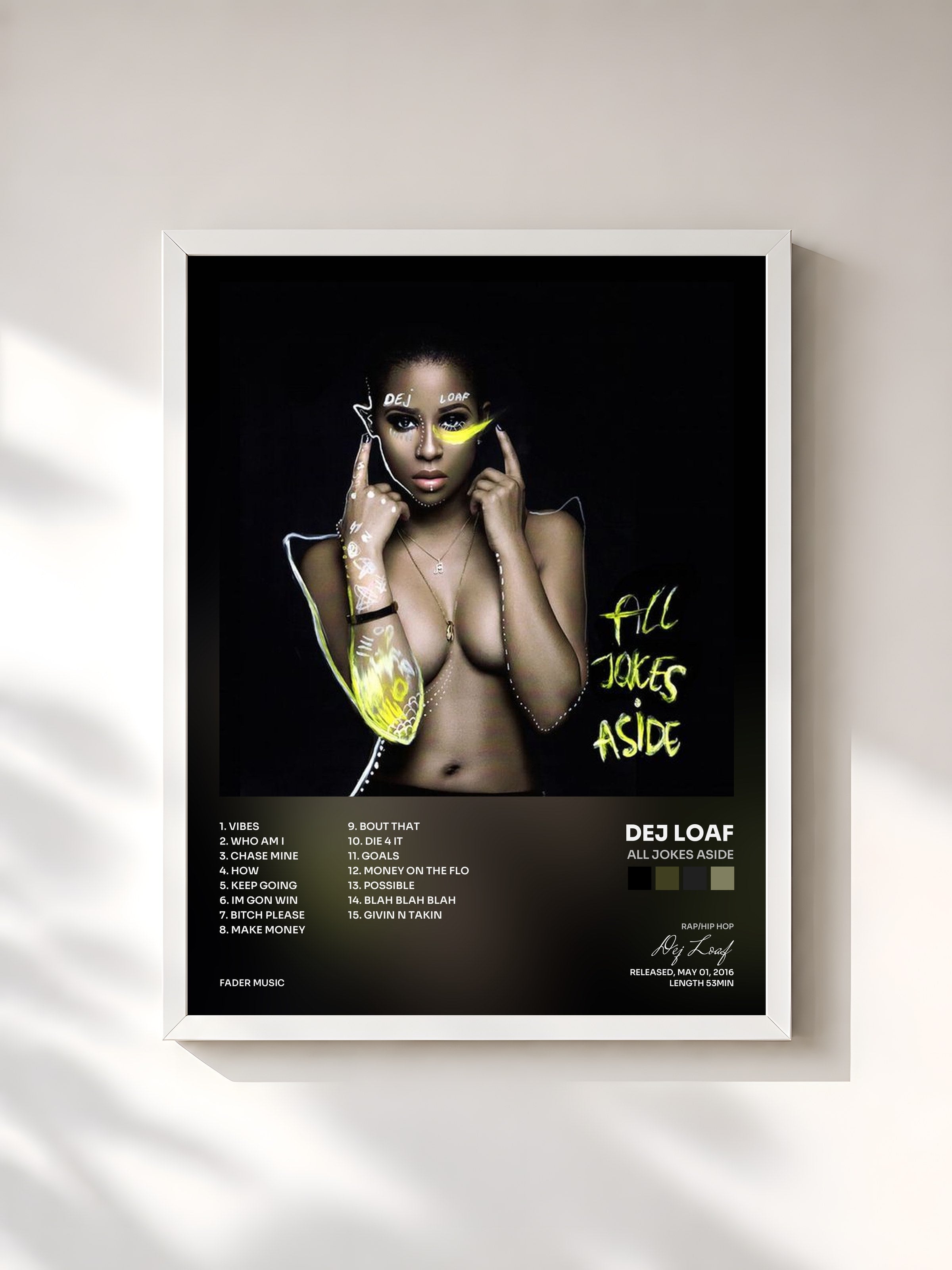 #blanc Tableau de l'album All Jokes Aside de Dej Loaf, cadre blanc, imprimé et encadré en France