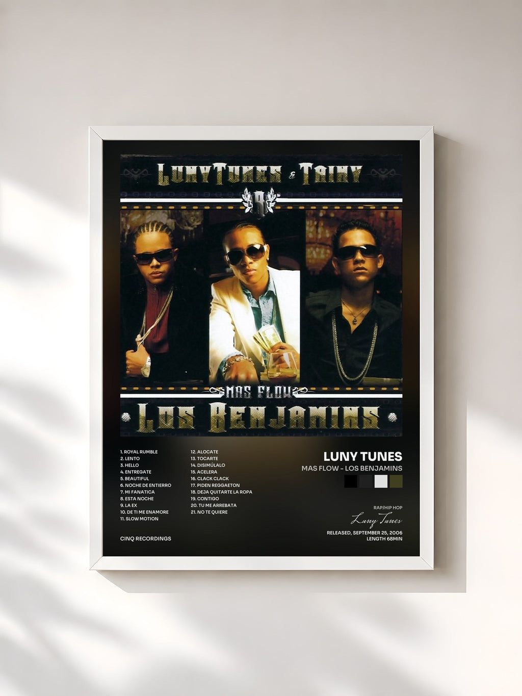 #blanc Tableau de l'album Mas Flow - Los Benjamins de Luny Tunes, cadre blanc, imprimé et encadré en France