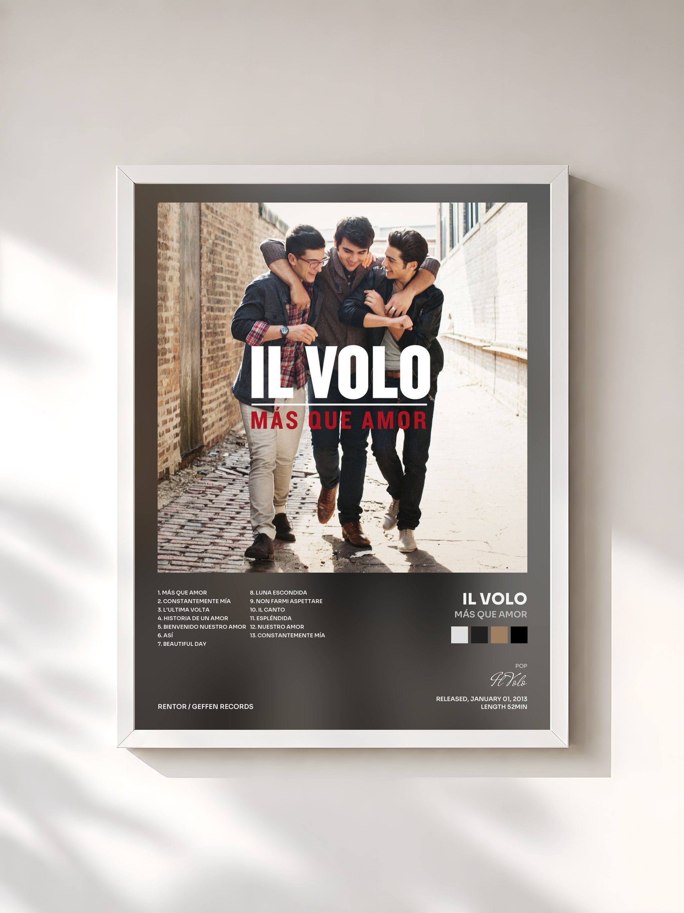 #blanc Tableau de l'album Más Que Amor de Il Volo, cadre blanc, imprimé et encadré en France