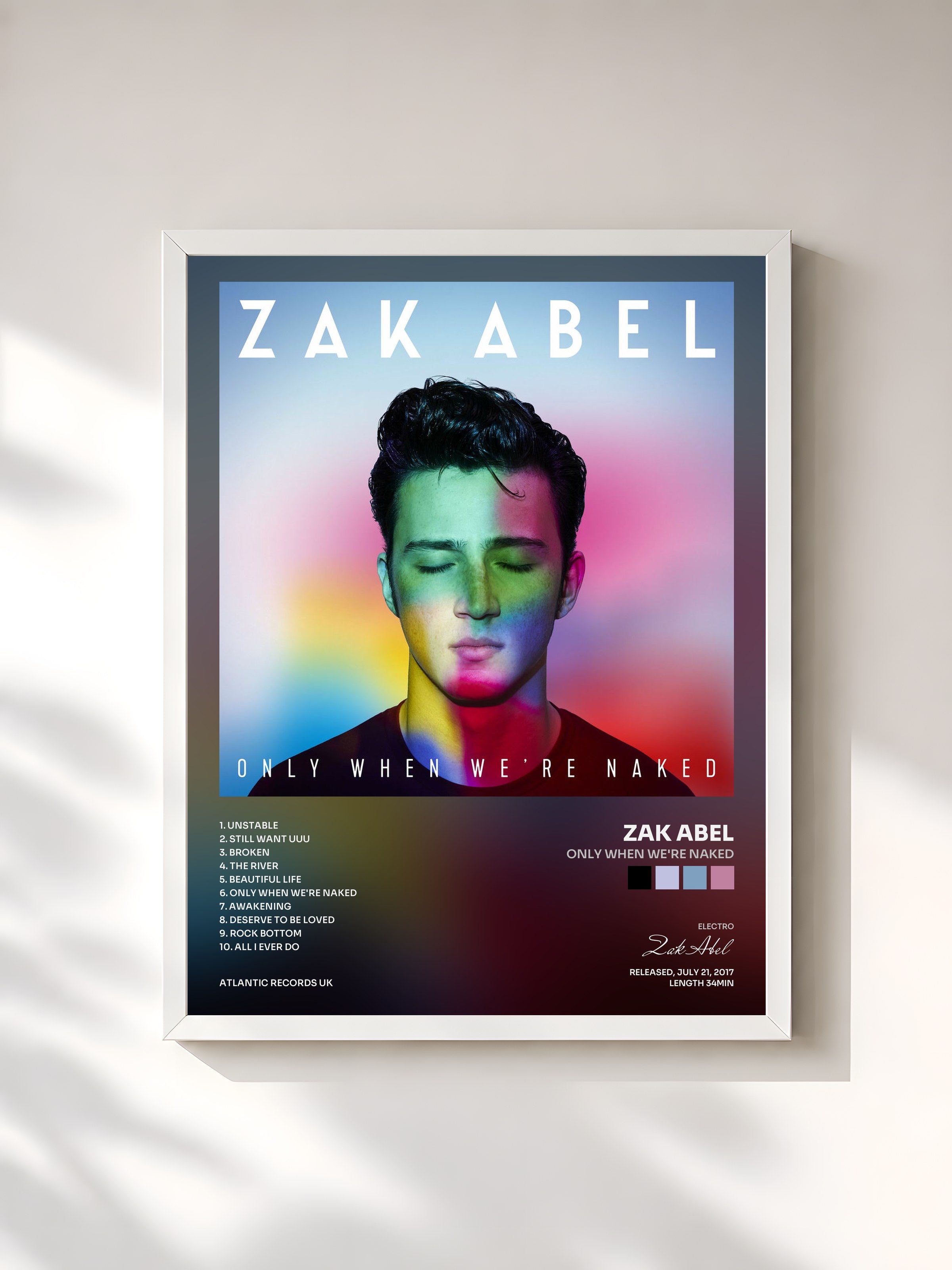 #blanc Tableau de l'album Only When We're Naked de Zak Abel, cadre blanc, imprimé et encadré en France
