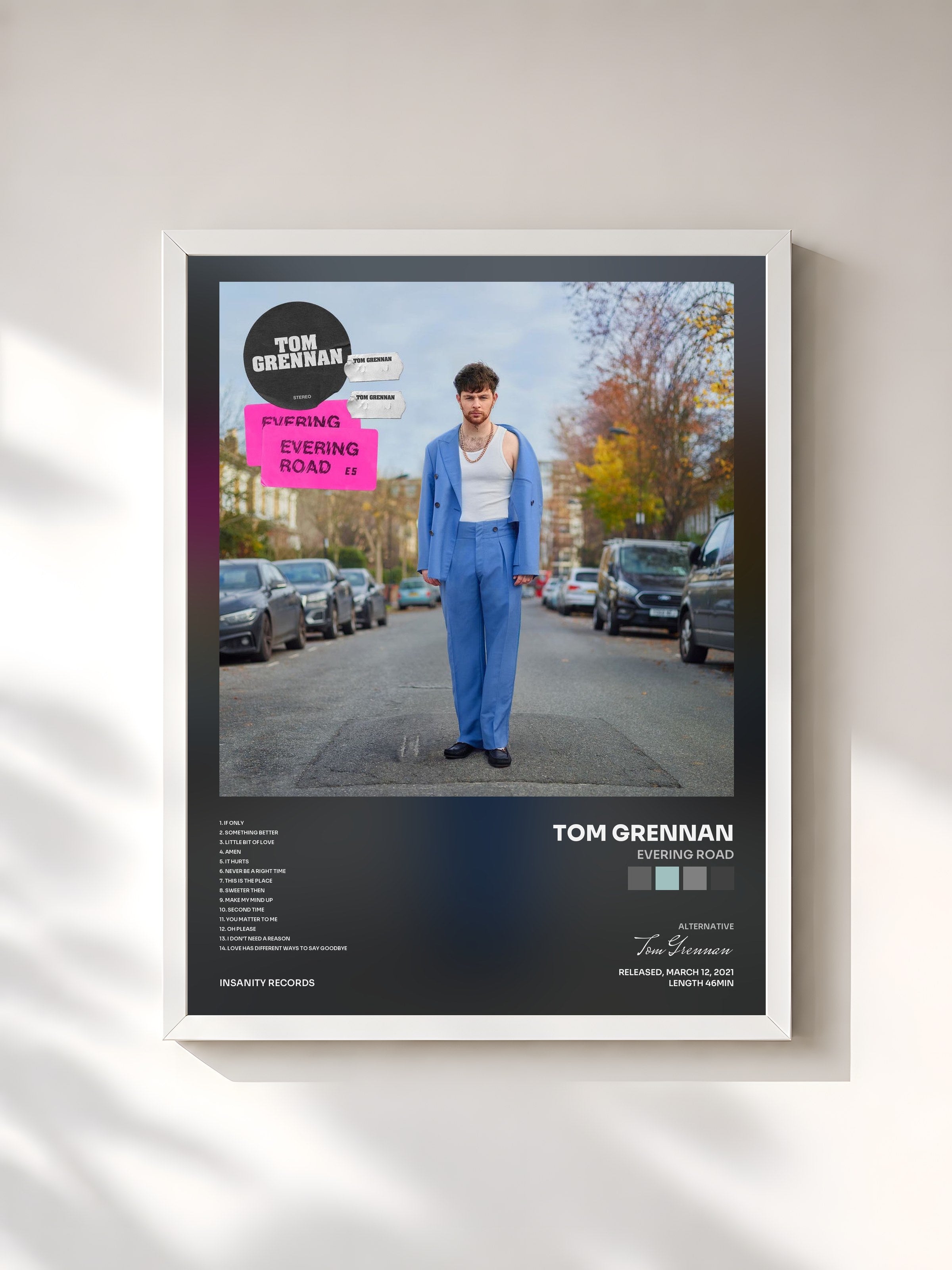 #blanc Tableau de l'album Evering Road de Tom Grennan, cadre blanc, imprimé et encadré en France