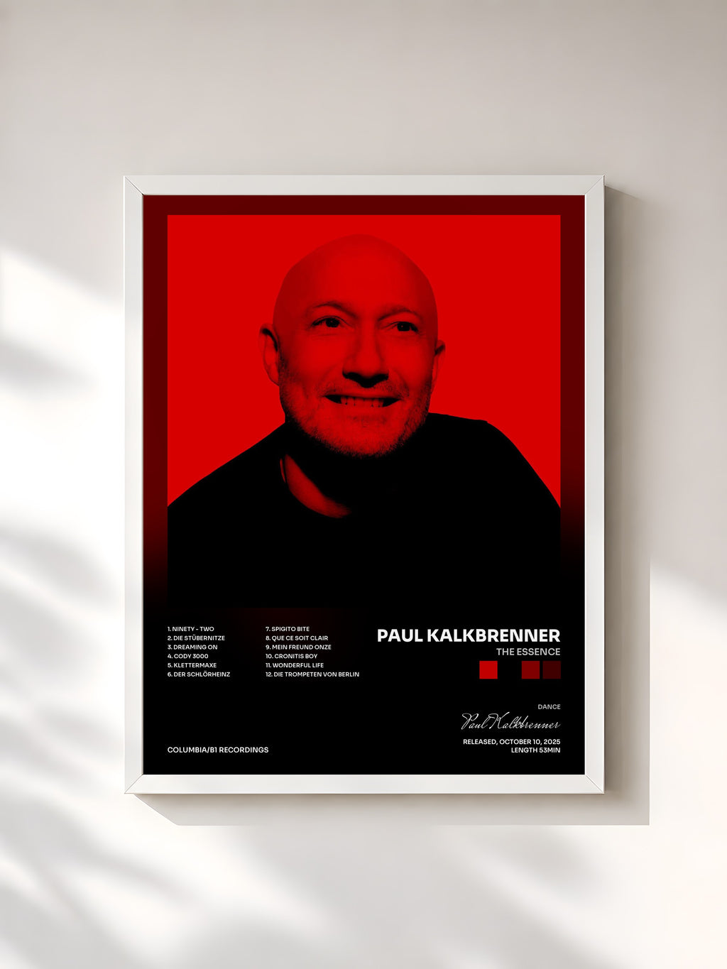 #blanc Tableau de l'album THE ESSENCE de Paul Kalkbrenner, cadre blanc, imprimé et encadré en France
