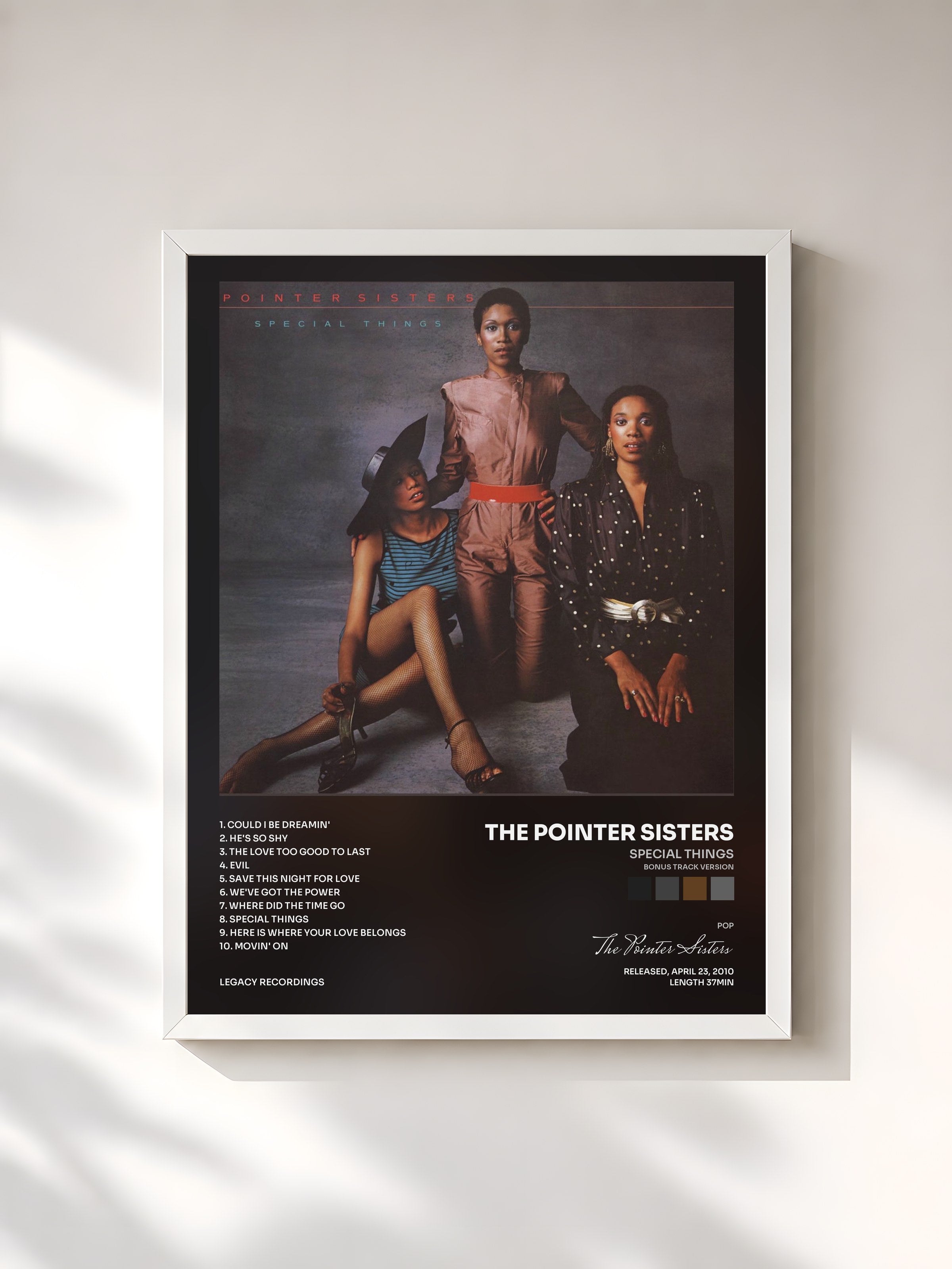 #blanc Tableau de l'album Special Things (Bonus Track Version) de The Pointer Sisters, cadre blanc, imprimé et encadré en France