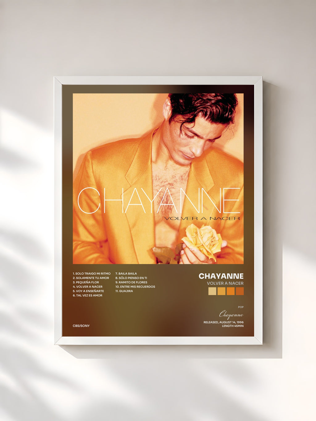 #blanc Tableau de l'album Volver A Nacer de Chayanne, cadre blanc, imprimé et encadré en France