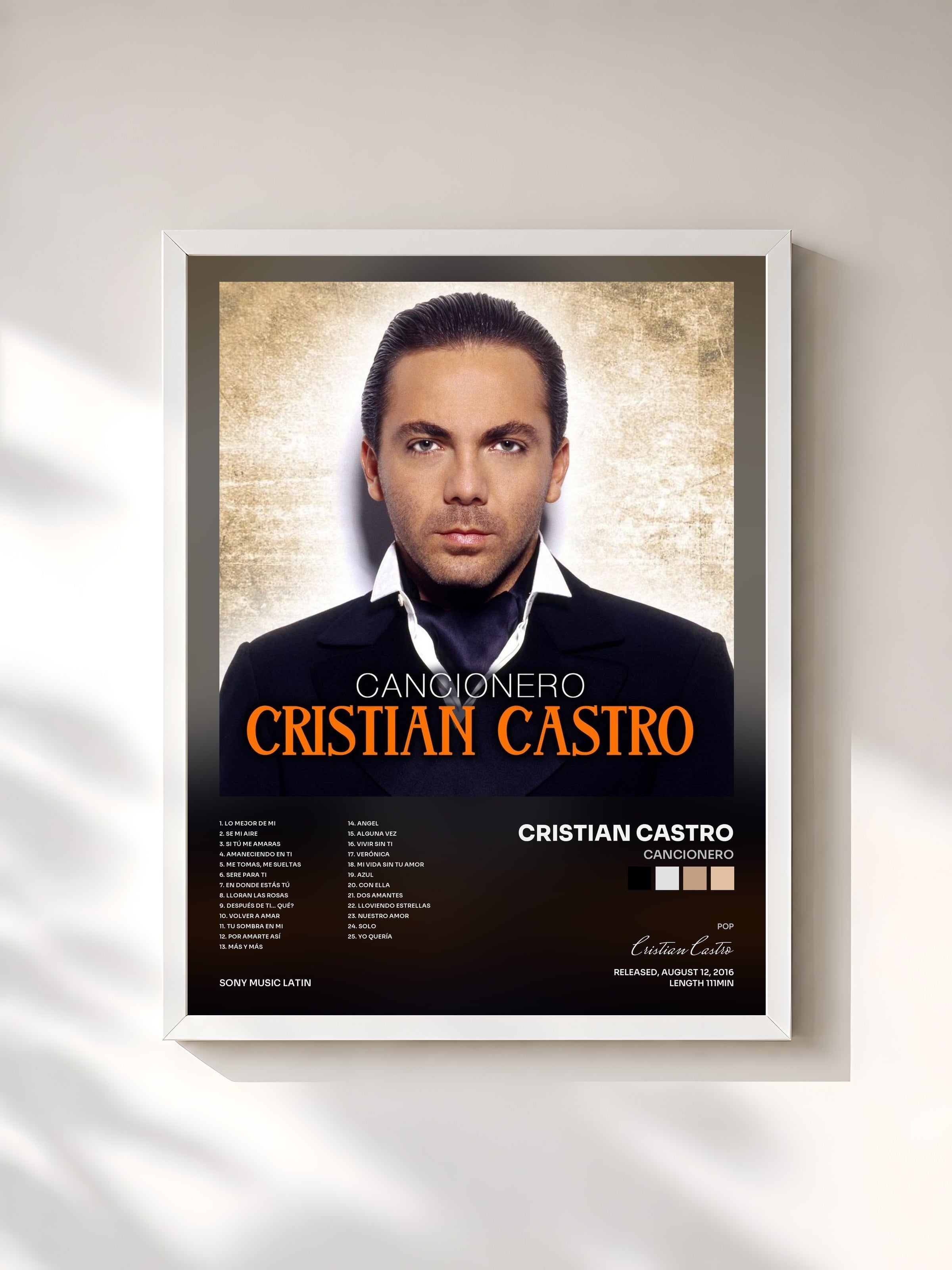 #blanc Tableau de l'album Cancionero de Cristian Castro, cadre blanc, imprimé et encadré en France