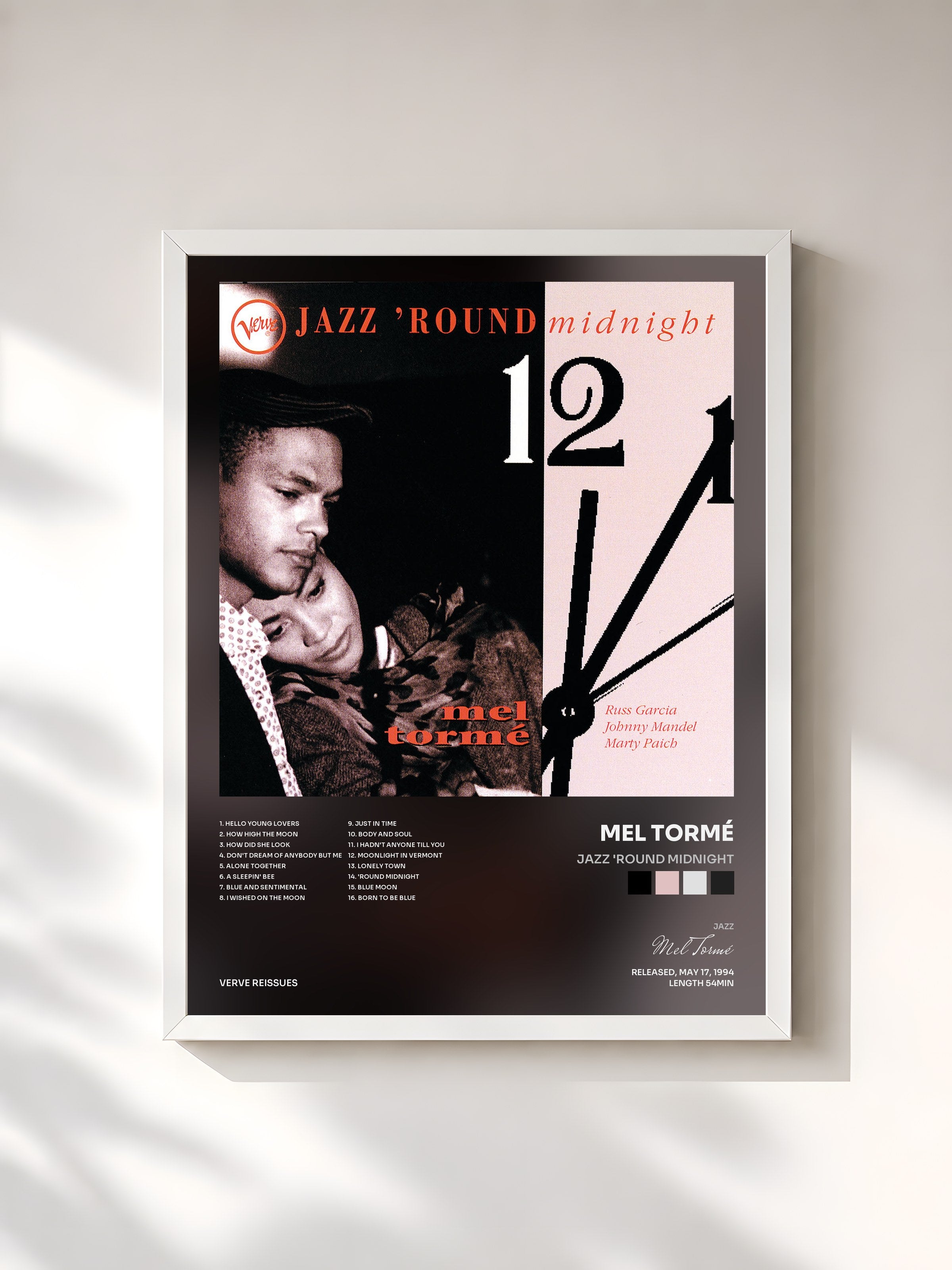 #blanc Tableau de l'album Jazz 'Round Midnight de Mel Tormé, cadre blanc, imprimé et encadré en France
