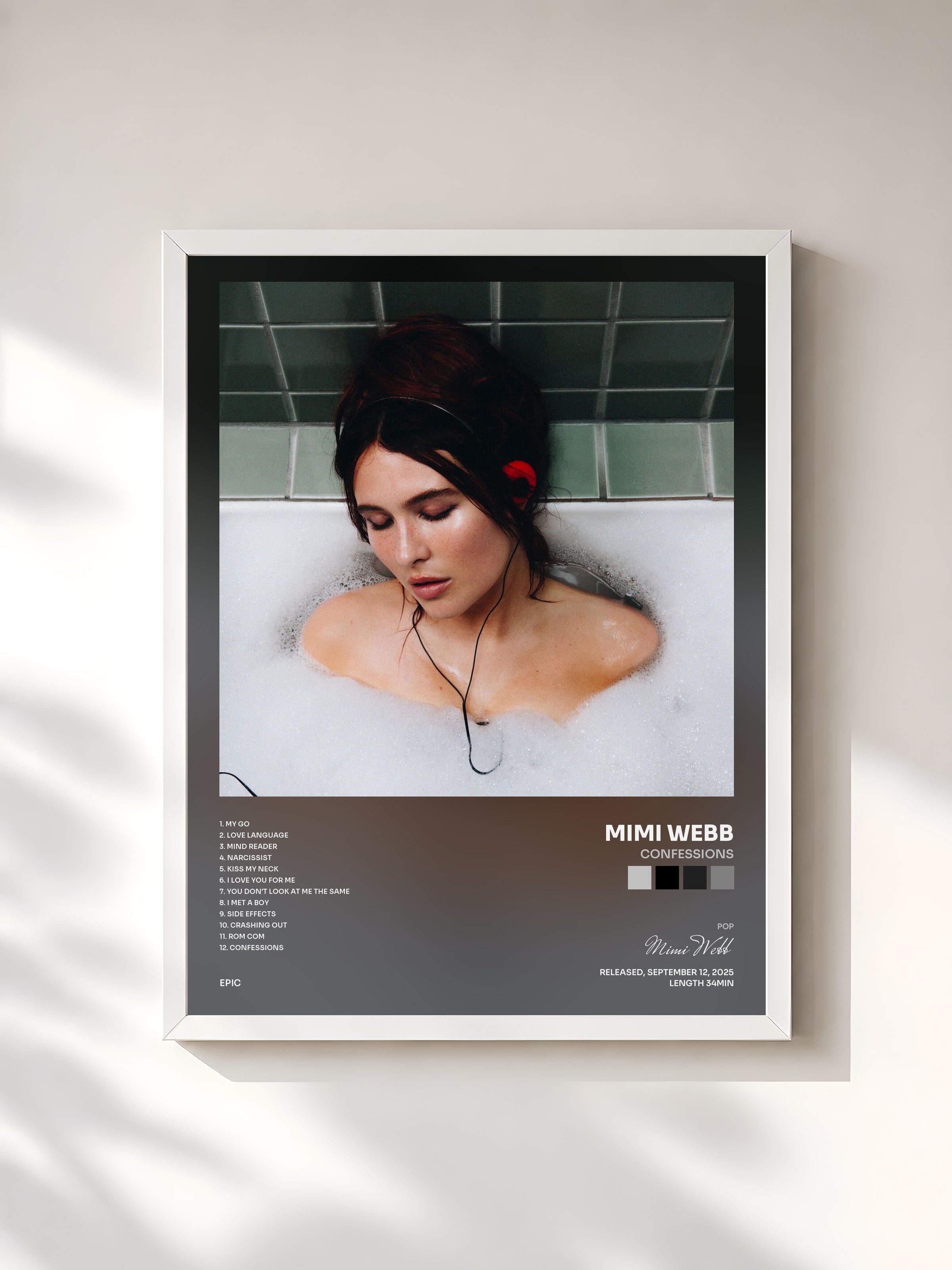#blanc Tableau de l'album Confessions de Mimi Webb, cadre blanc, imprimé et encadré en France