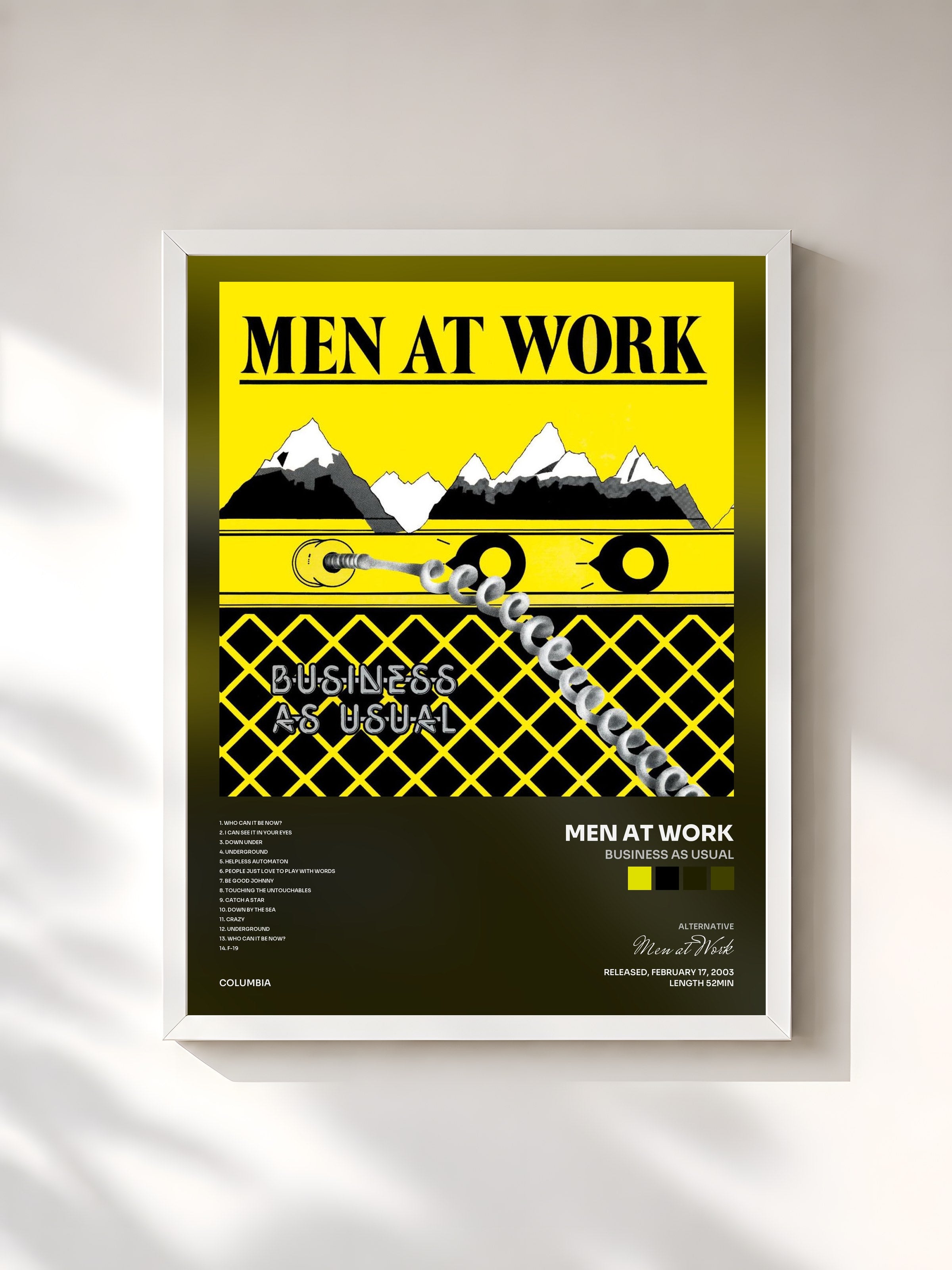 #blanc Tableau de l'album Business As Usual de Men at Work, cadre blanc, imprimé et encadré en France