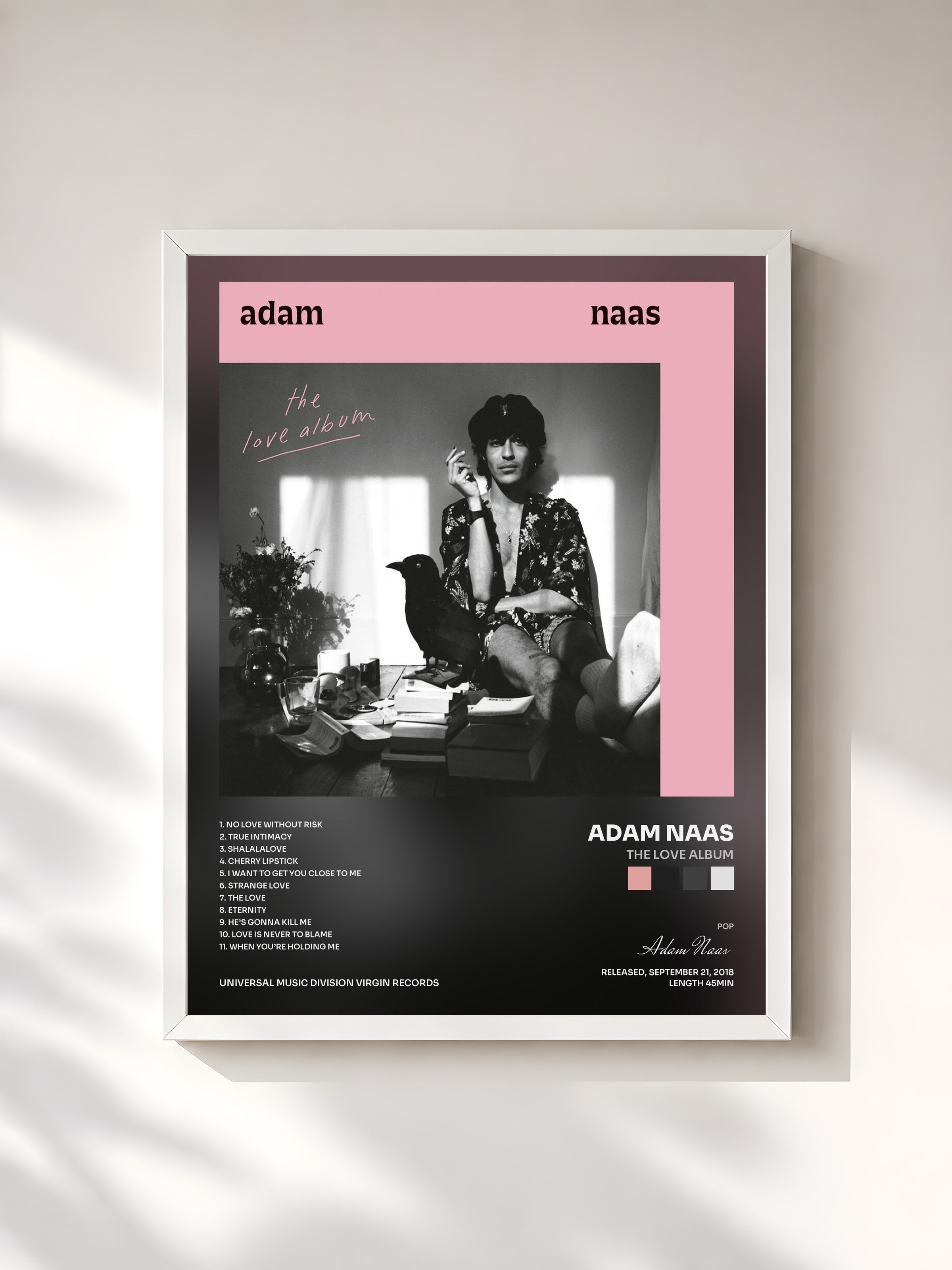 #blanc Tableau de l'album The Love Album de Adam Naas, cadre blanc, imprimé et encadré en France