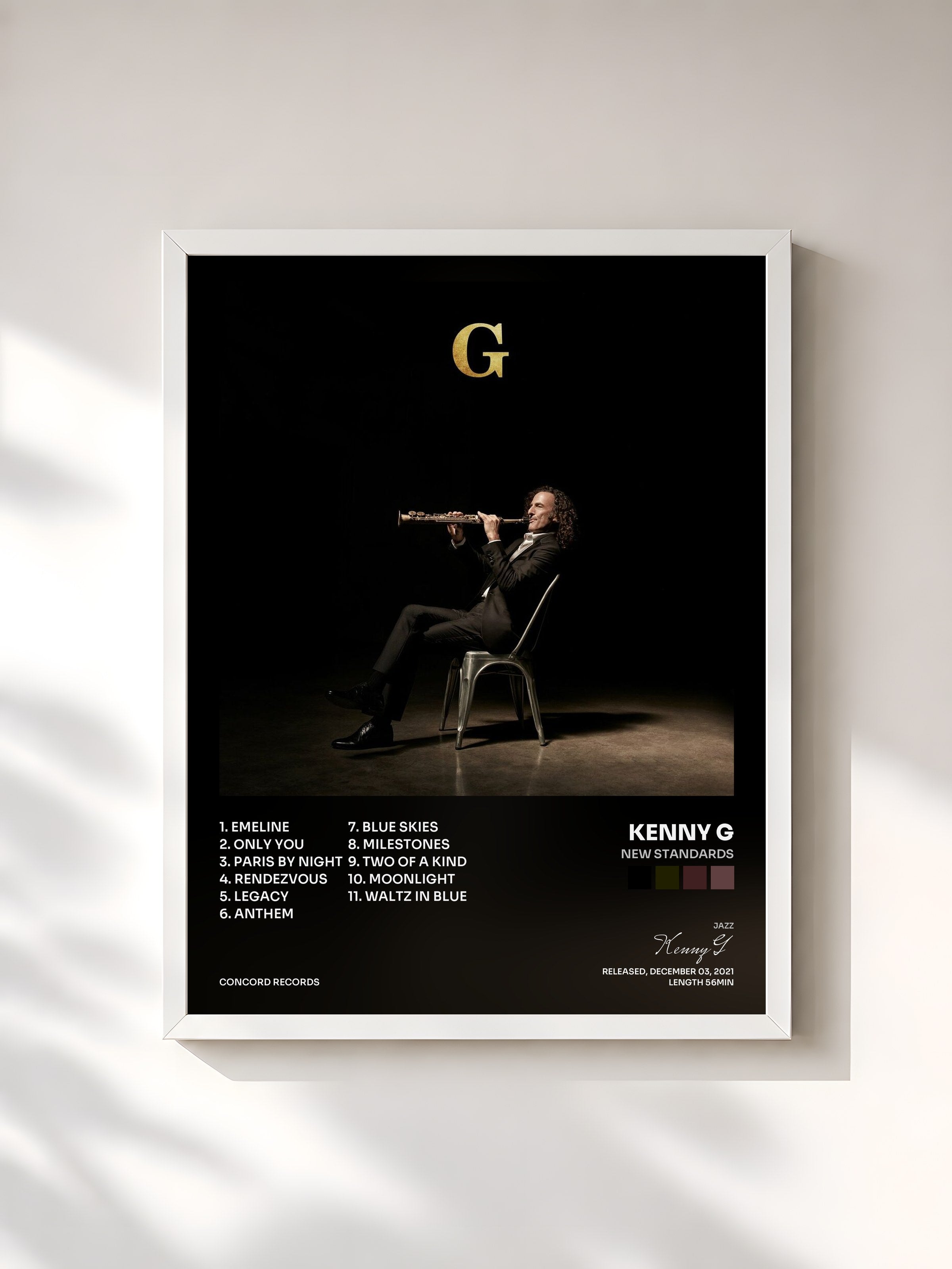 #blanc Tableau de l'album New Standards de Kenny G, cadre blanc, imprimé et encadré en France