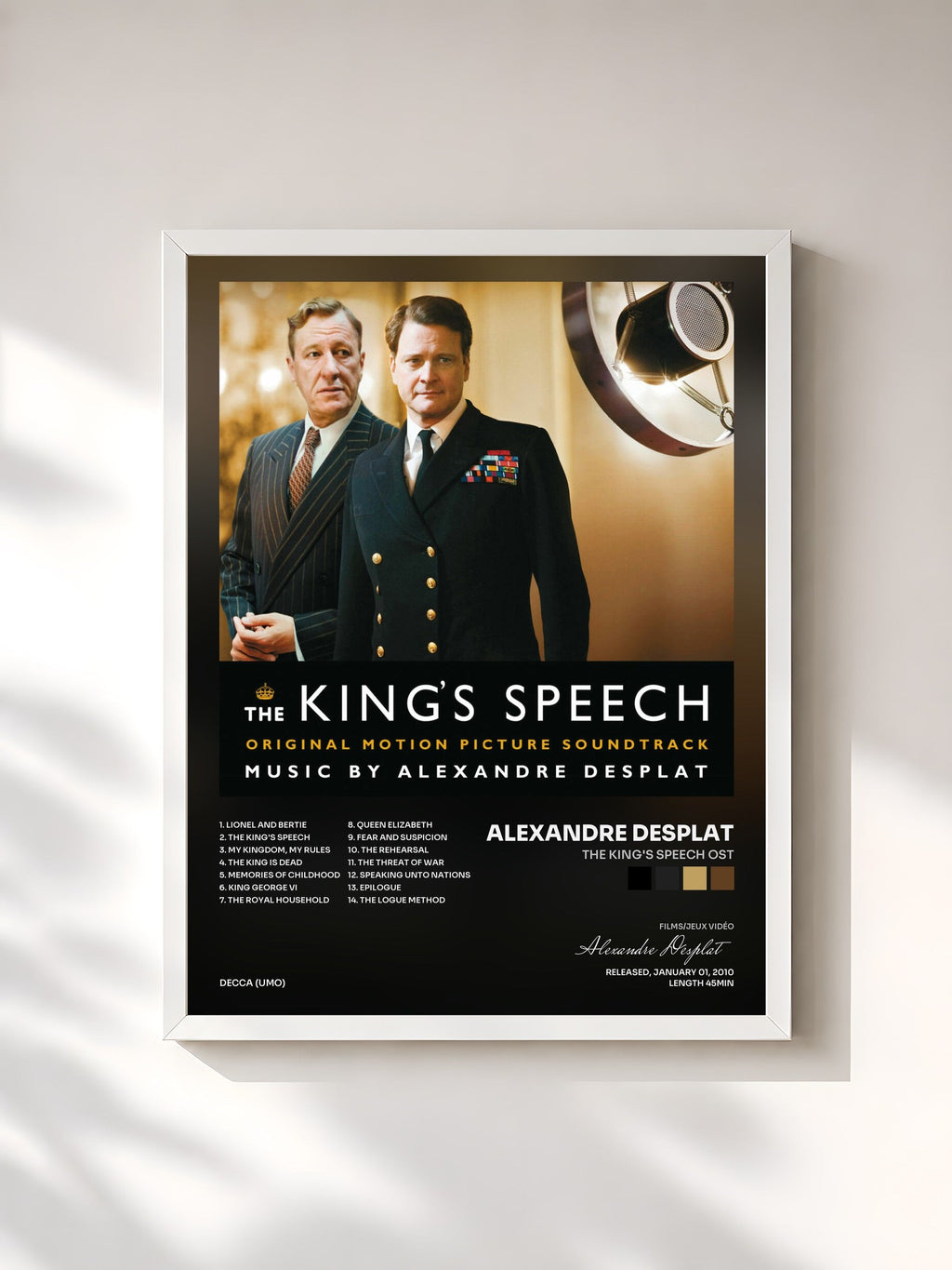 #blanc The King's Speech OST by Alexandre Desplat as a framed art print, white frame, printed and framed in France