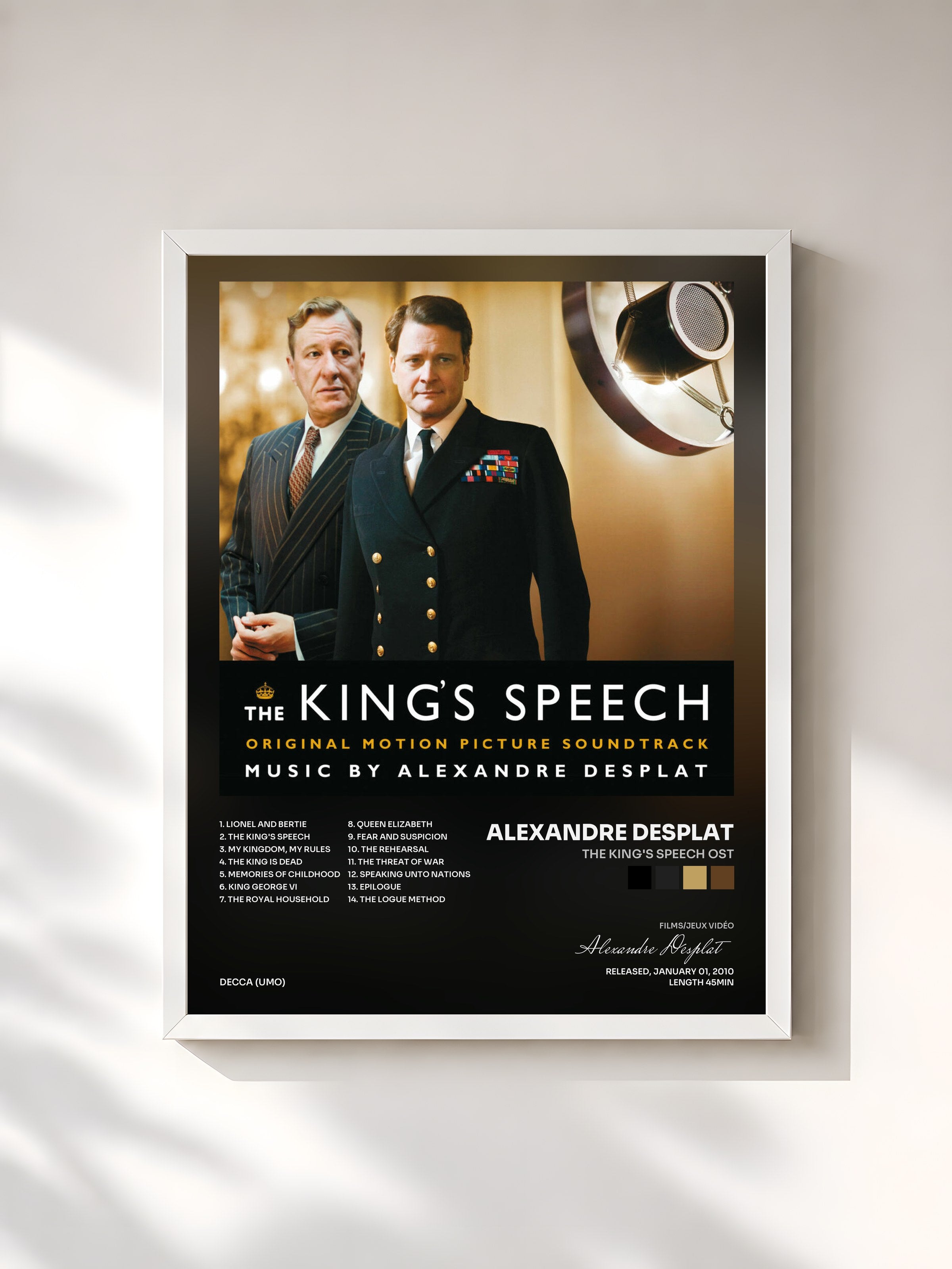 #blanc Tableau de l'album The King's Speech OST de Alexandre Desplat, cadre blanc, imprimé et encadré en France