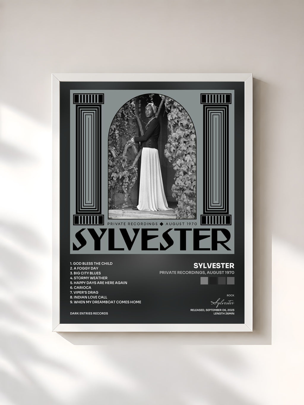 #blanc Tableau de l'album Private Recordings, August 1970 de Sylvester, cadre blanc, imprimé et encadré en France