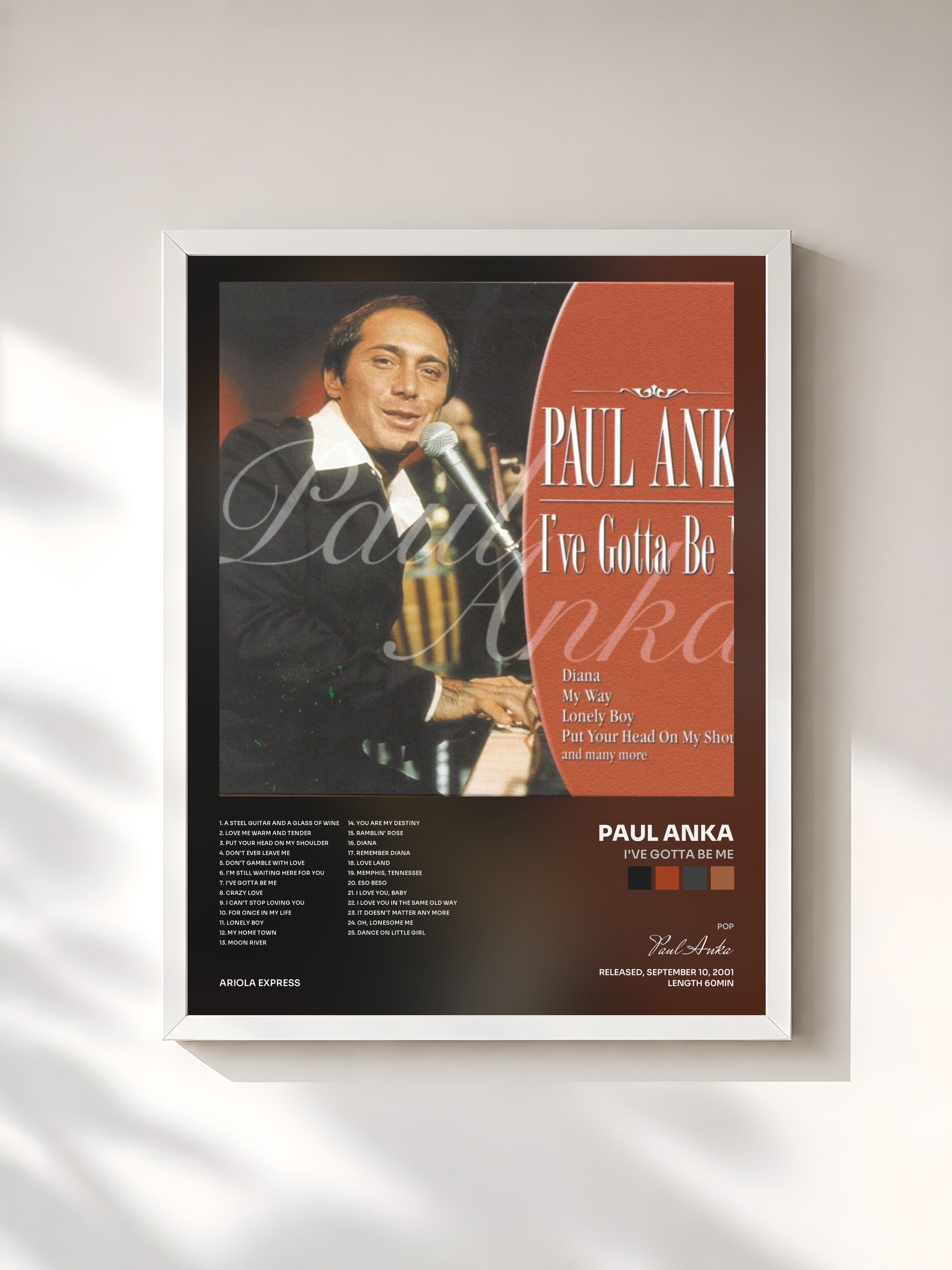 #blanc Tableau de l'album I've Gotta Be Me de Paul Anka, cadre blanc, imprimé et encadré en France