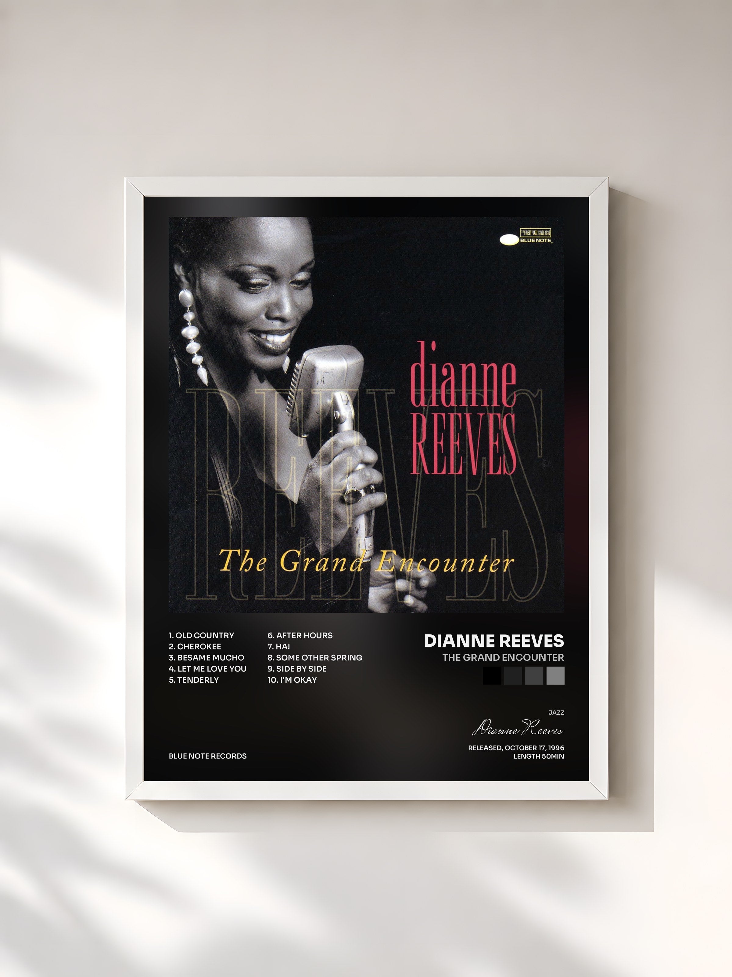 #blanc Tableau de l'album The Grand Encounter de Dianne Reeves, cadre blanc, imprimé et encadré en France