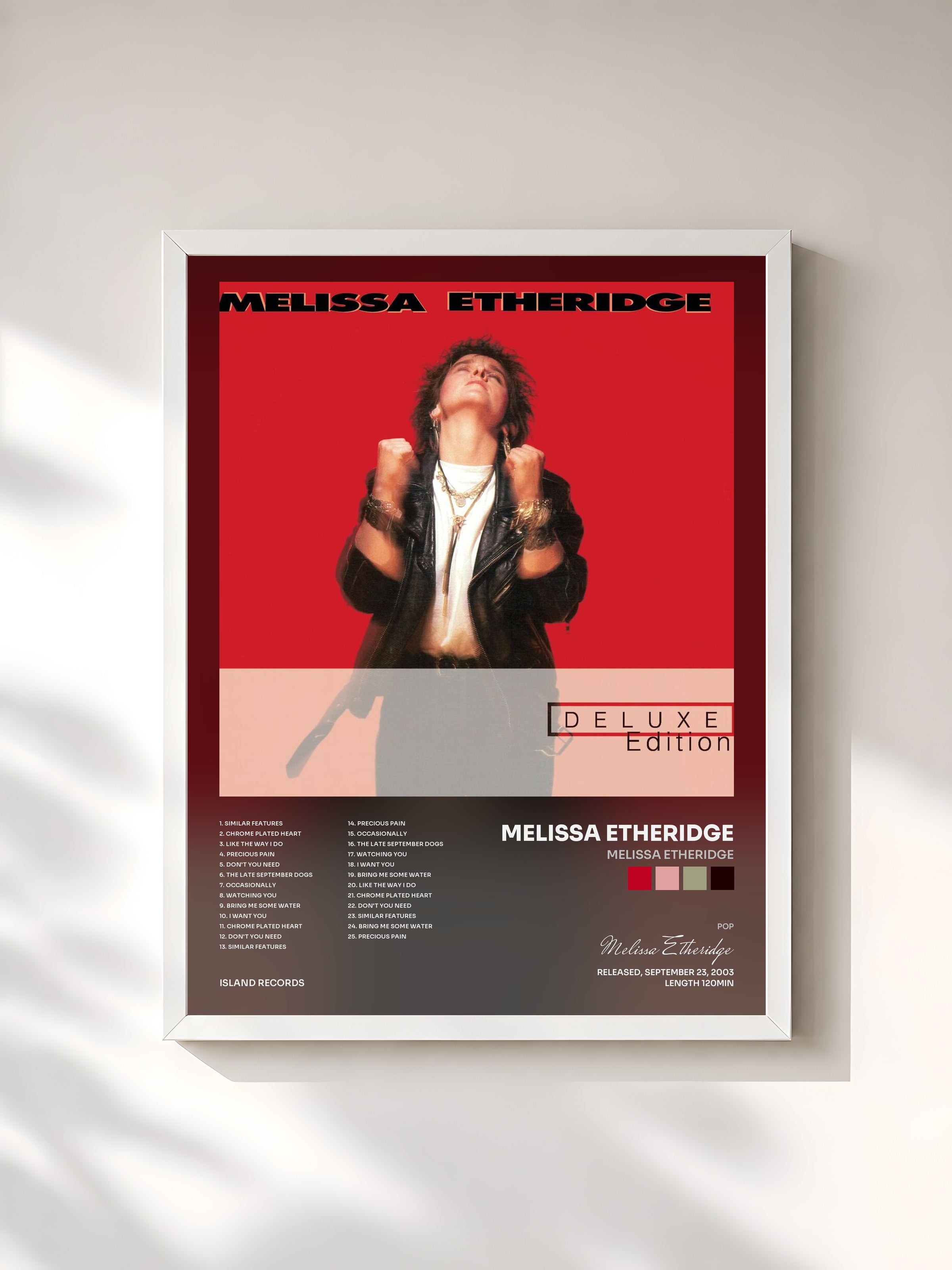 #blanc Tableau de l'album Melissa Etheridge de Melissa Etheridge, cadre blanc, imprimé et encadré en France