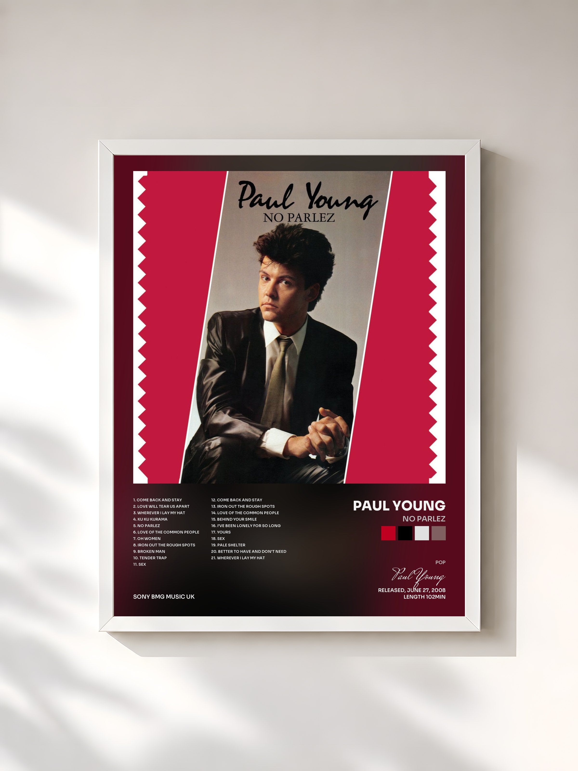 #blanc Tableau de l'album No Parlez de Paul Young, cadre blanc, imprimé et encadré en France