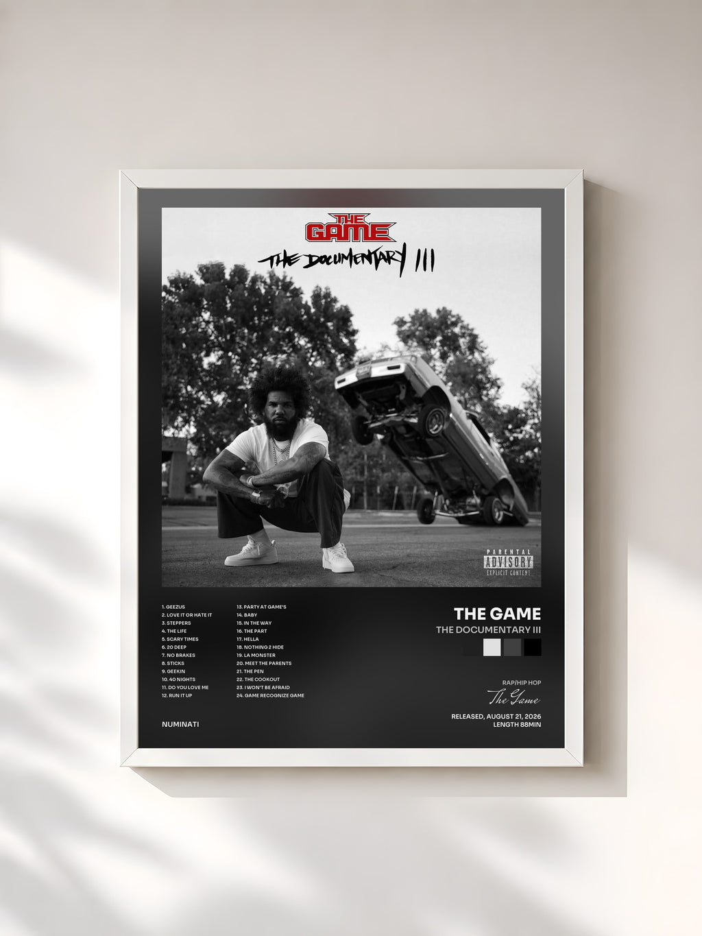 #blanc Tableau de l'album The Documentary III de The Game, cadre blanc, imprimé et encadré en France