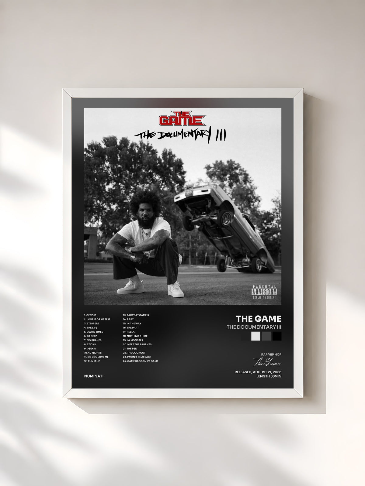 #blanc Tableau de l'album The Documentary III de The Game, cadre blanc, imprimé et encadré en France
