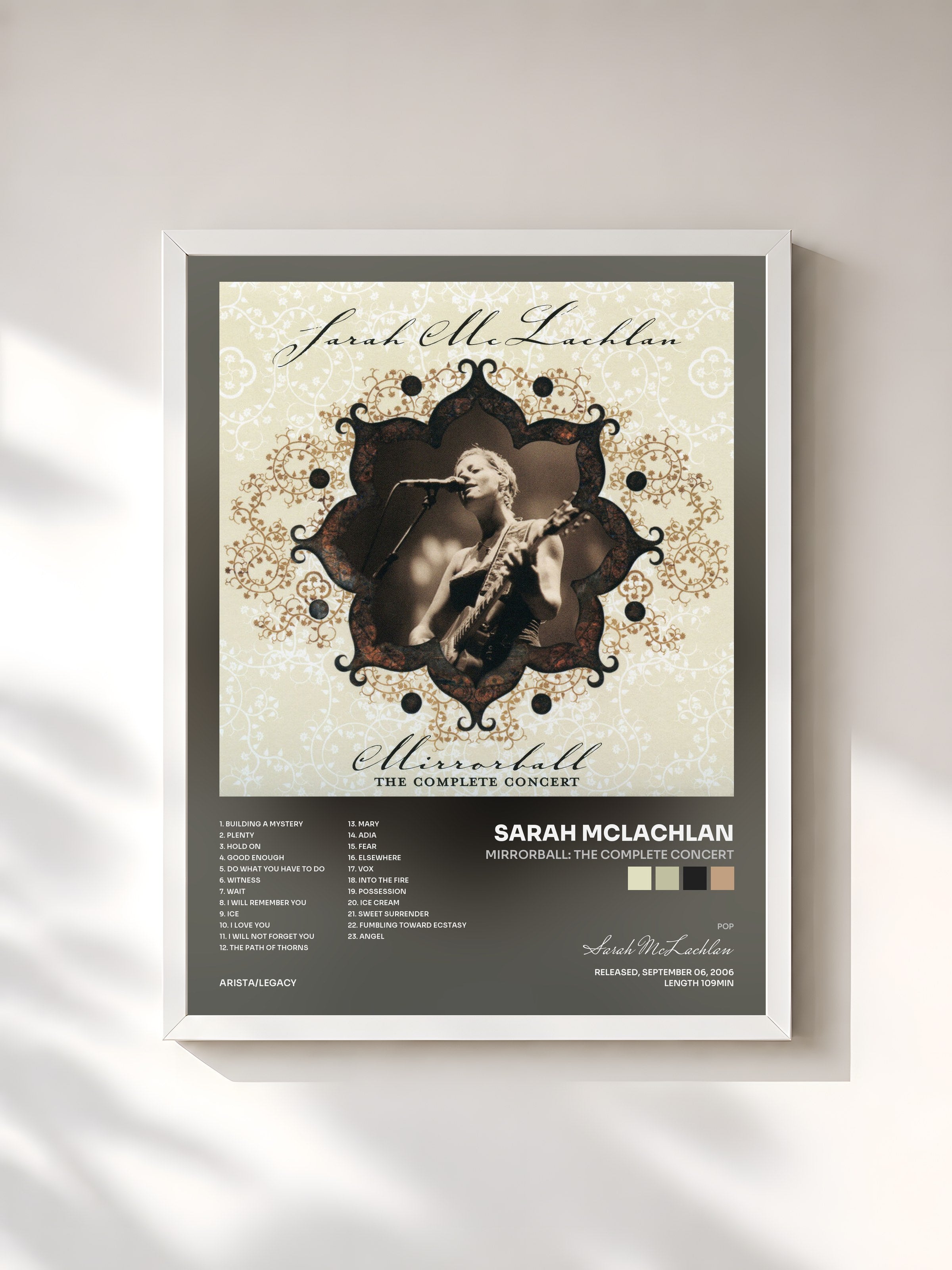 #blanc Tableau de l'album Mirrorball: The Complete Concert de Sarah McLachlan, cadre blanc, imprimé et encadré en France