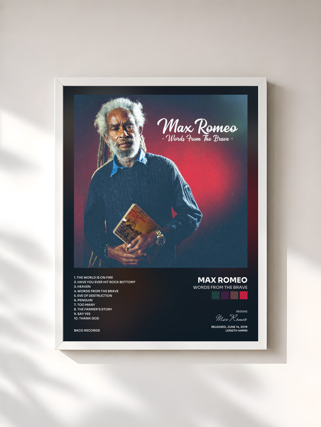 #blanc Tableau de l'album Words from the Brave de Max Romeo, cadre blanc, imprimé et encadré en France
