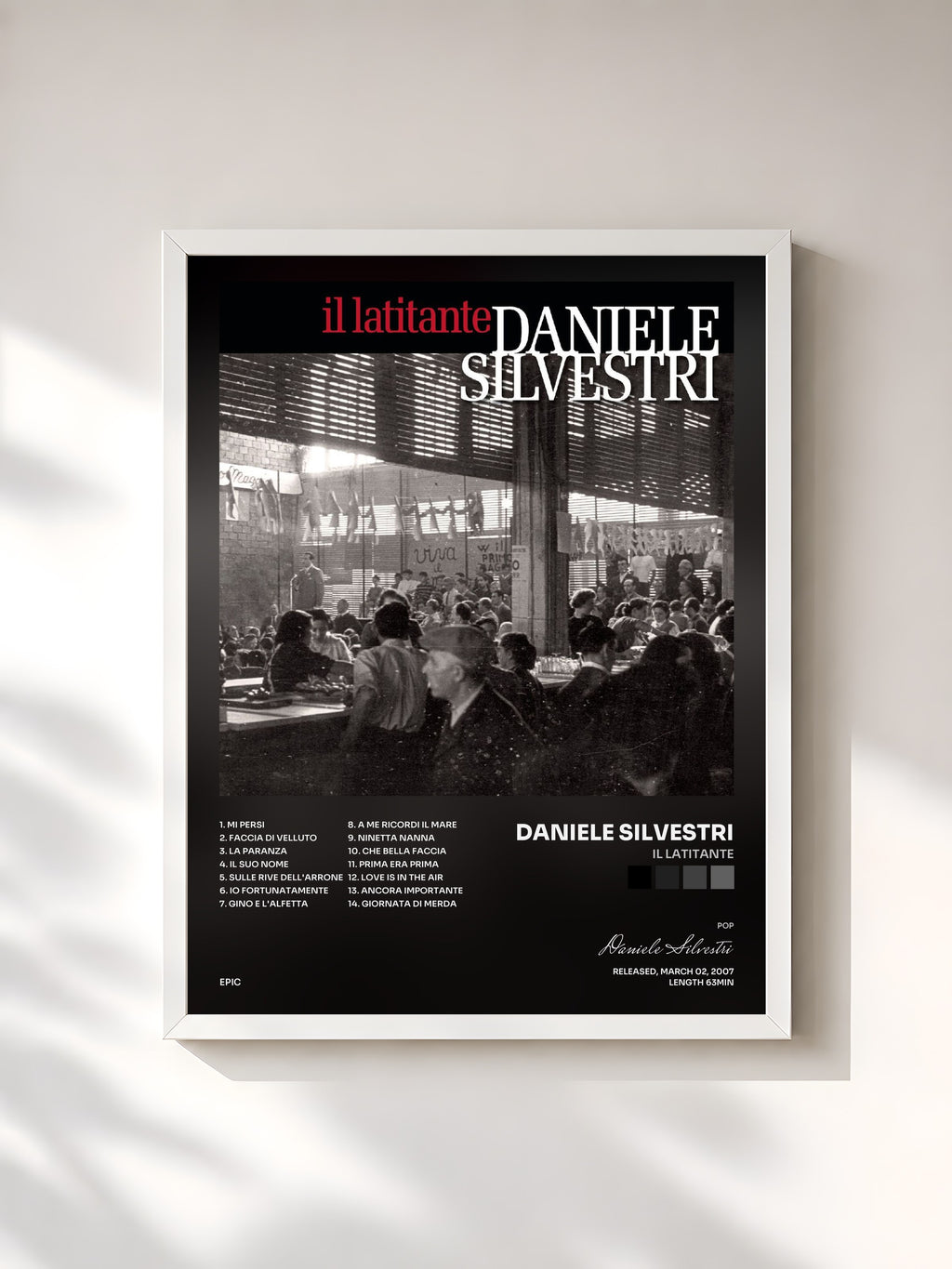 #blanc Il Latitante by Daniele Silvestri as a framed art print, white frame, printed and framed in France