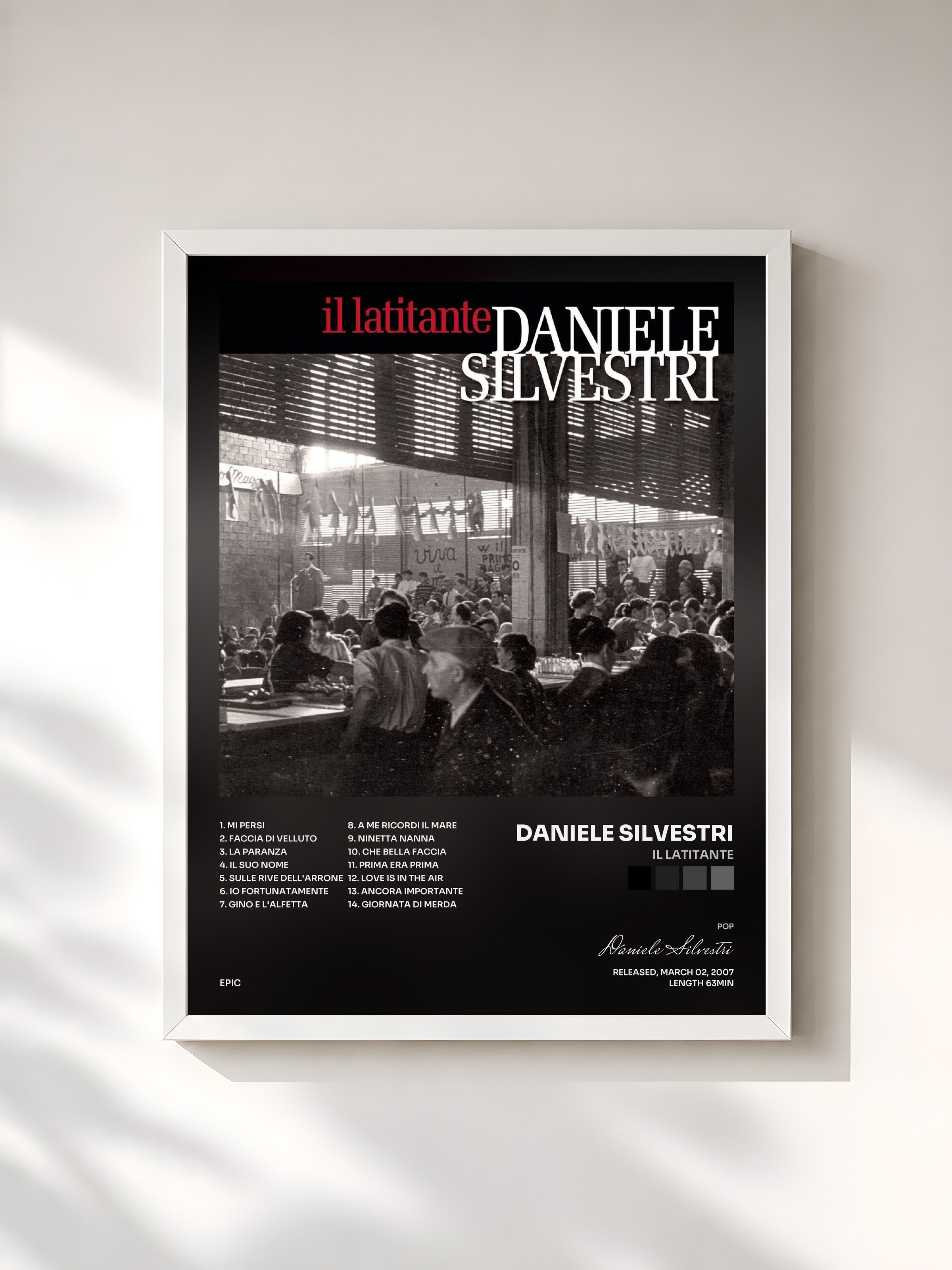 #blanc Tableau de l'album Il Latitante de Daniele Silvestri, cadre blanc, imprimé et encadré en France