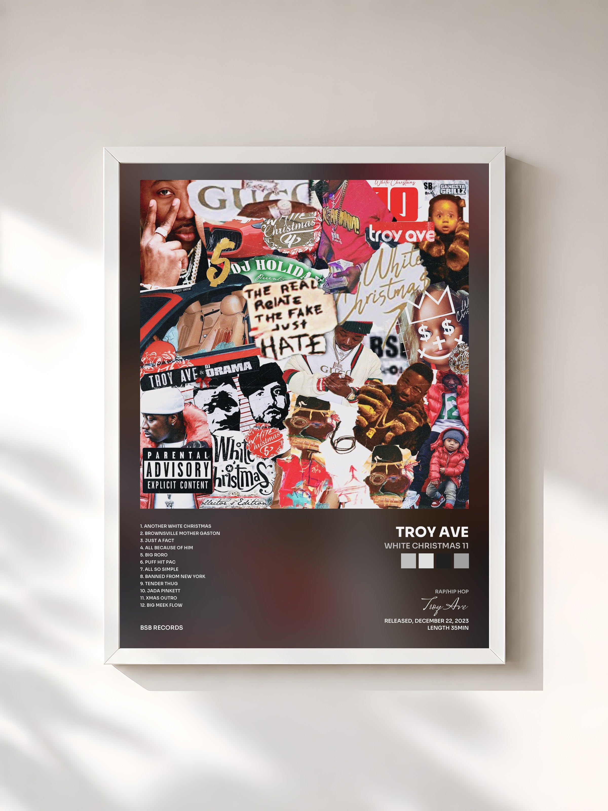 #blanc Tableau de l'album White Christmas 11 de Troy Ave, cadre blanc, imprimé et encadré en France